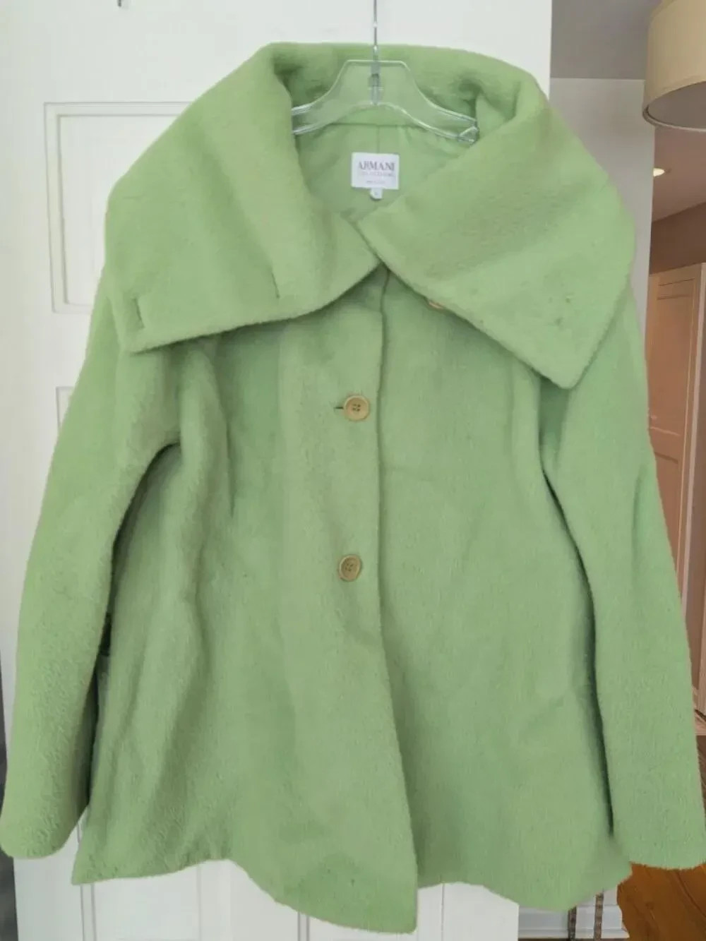 Armani Collezioni Vintage 00s Wool Llama Coat Apple Green Oversized Collar Sz L