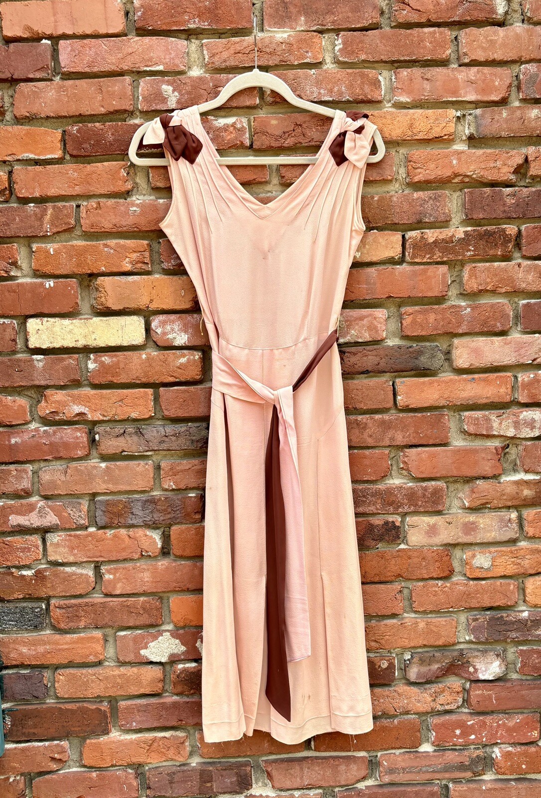 Antique Vintage 1930s Silk Rayon Pink & Brown Sleeveless Dress w/ Belt AS IS