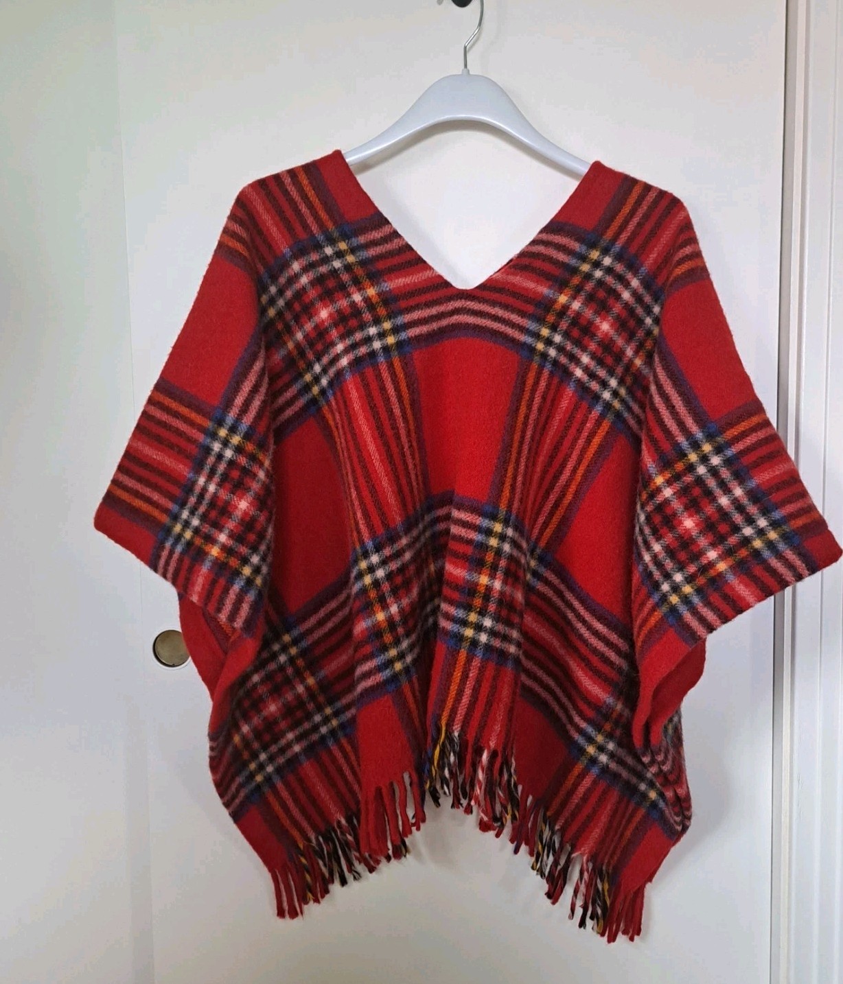 Vintage 70s Langtry Ltd. Wool Poncho/Cape One Size Red Plaid Fringe Boho Hippy