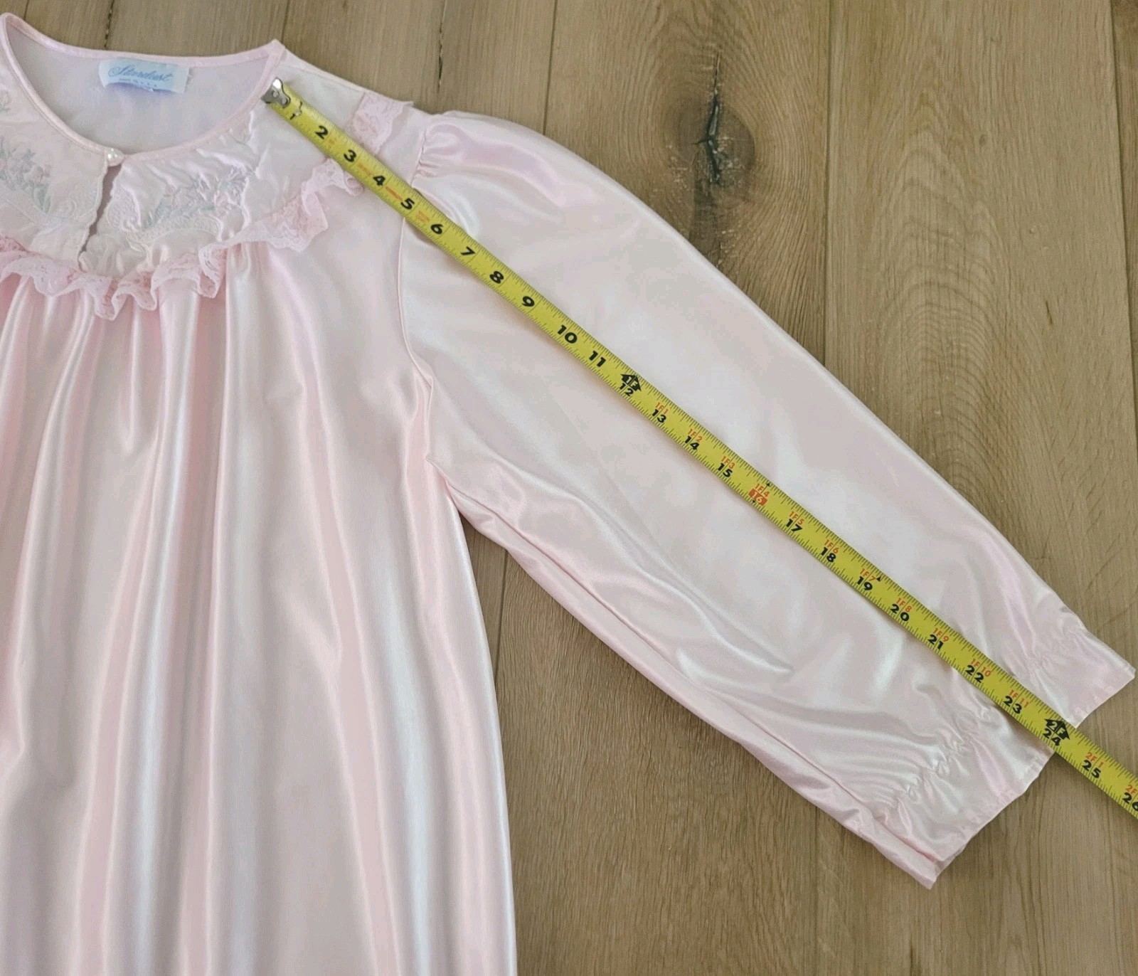 Vtg Stardust USA Pink Satin Brushed Lining Ruffled Lace LS Nightgown LG ●READ