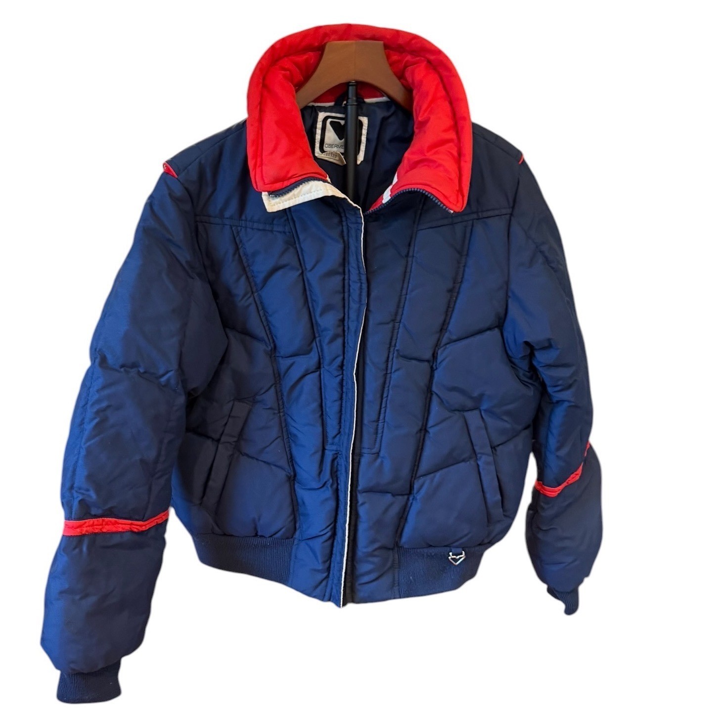 Vtg 80s Obermeyer Panther Down Puffer Ski Jacket Navy Blue Red Womens 14 Preppy