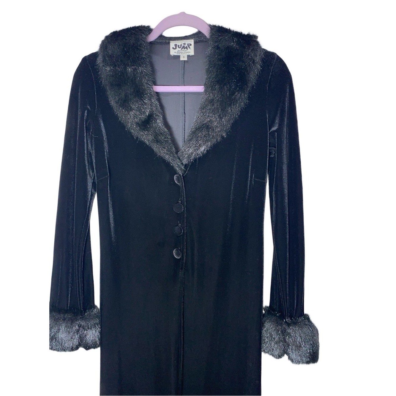Vintage 90s Jump Apparel Black Velvet Faux Fur Trim Maxi Duster Cardigan