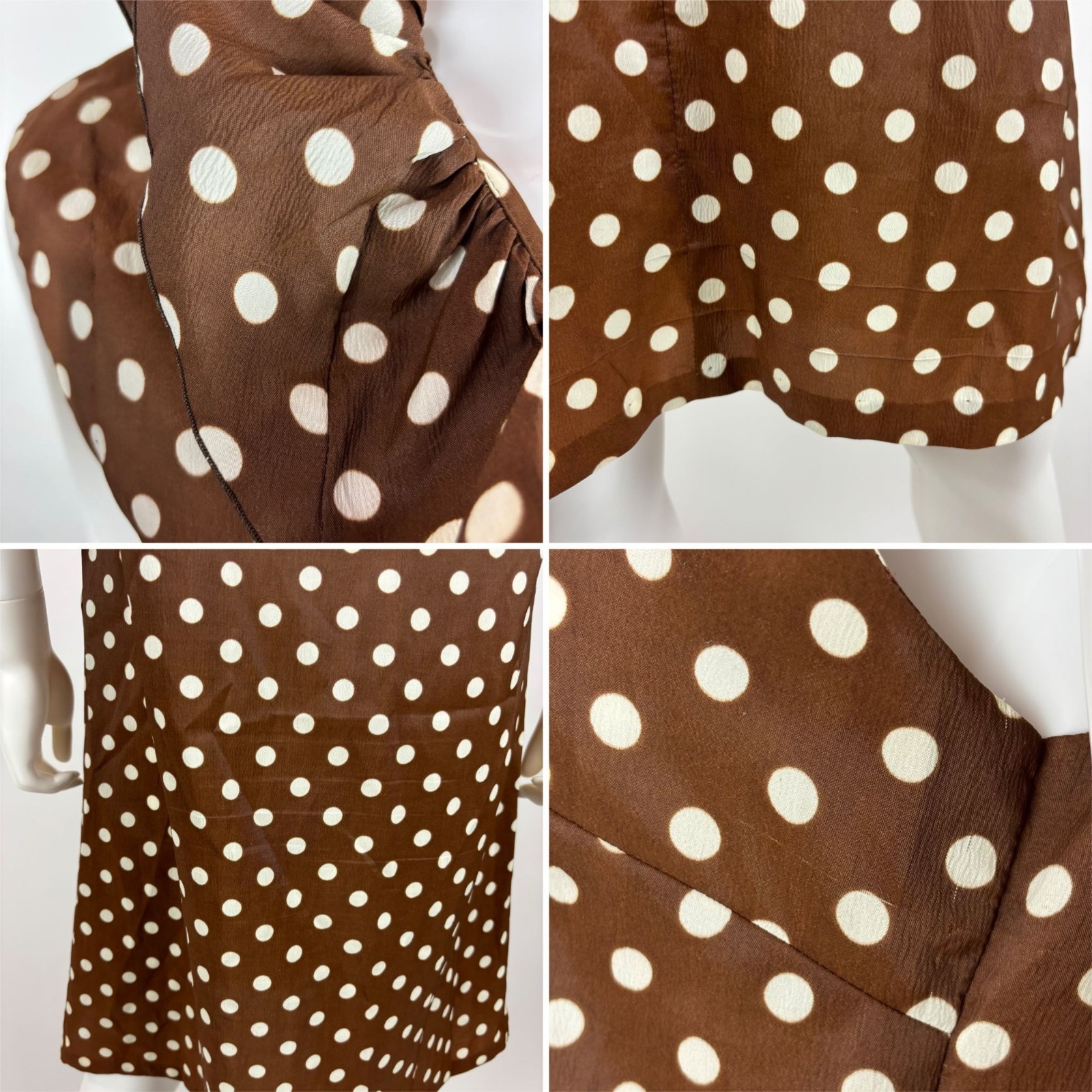 Vintage 60s Polka Dot Dress Womens Large Brown White Ruffle Collar Shift