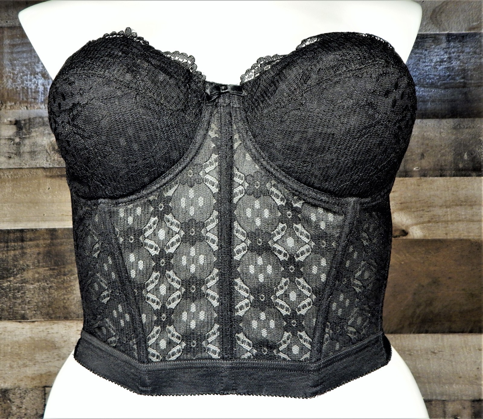 VTG Sears Black Lace Longline Padded Strapless Wire Bra 38C Low Plunging Back