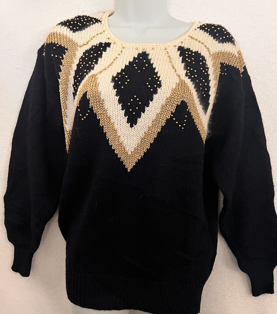 Dana Scott Womens M Vintage Sweater Black & Cream Gold Beads Party Holiday