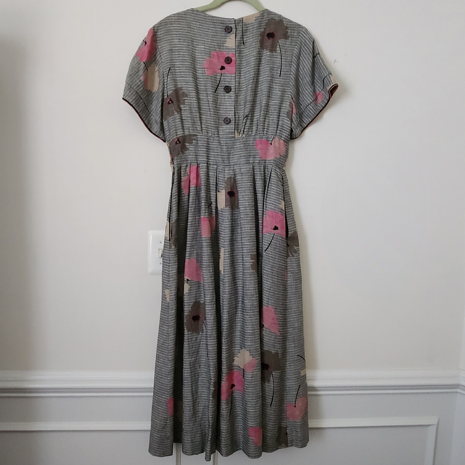 Vintage Albert Nipon Linen Cotton Gray Striped Floral Prints Dress 4 Pockets