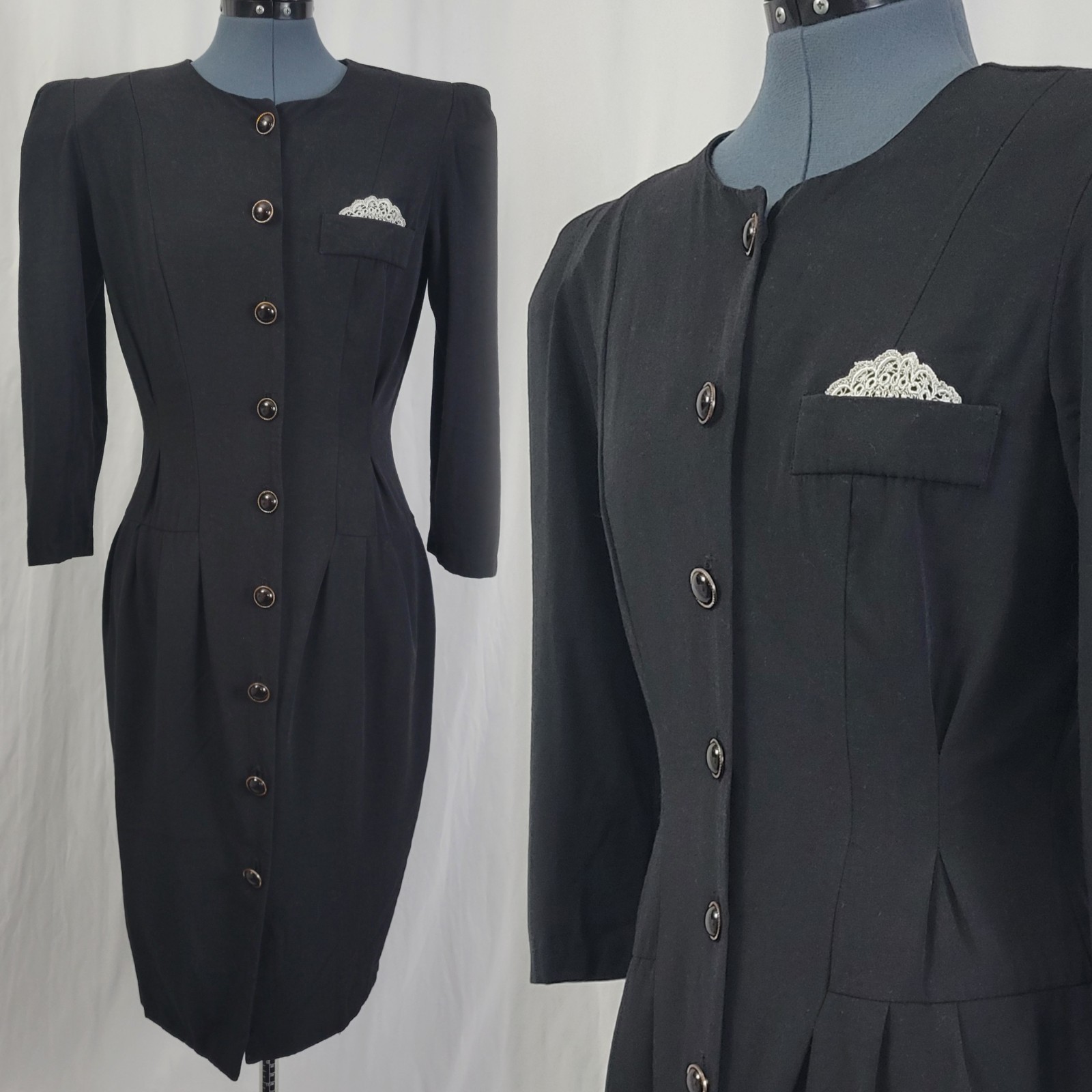 Vtg All That Jazz Black Button Down Sheath Dress w Lace Pocket Square Size 11/12