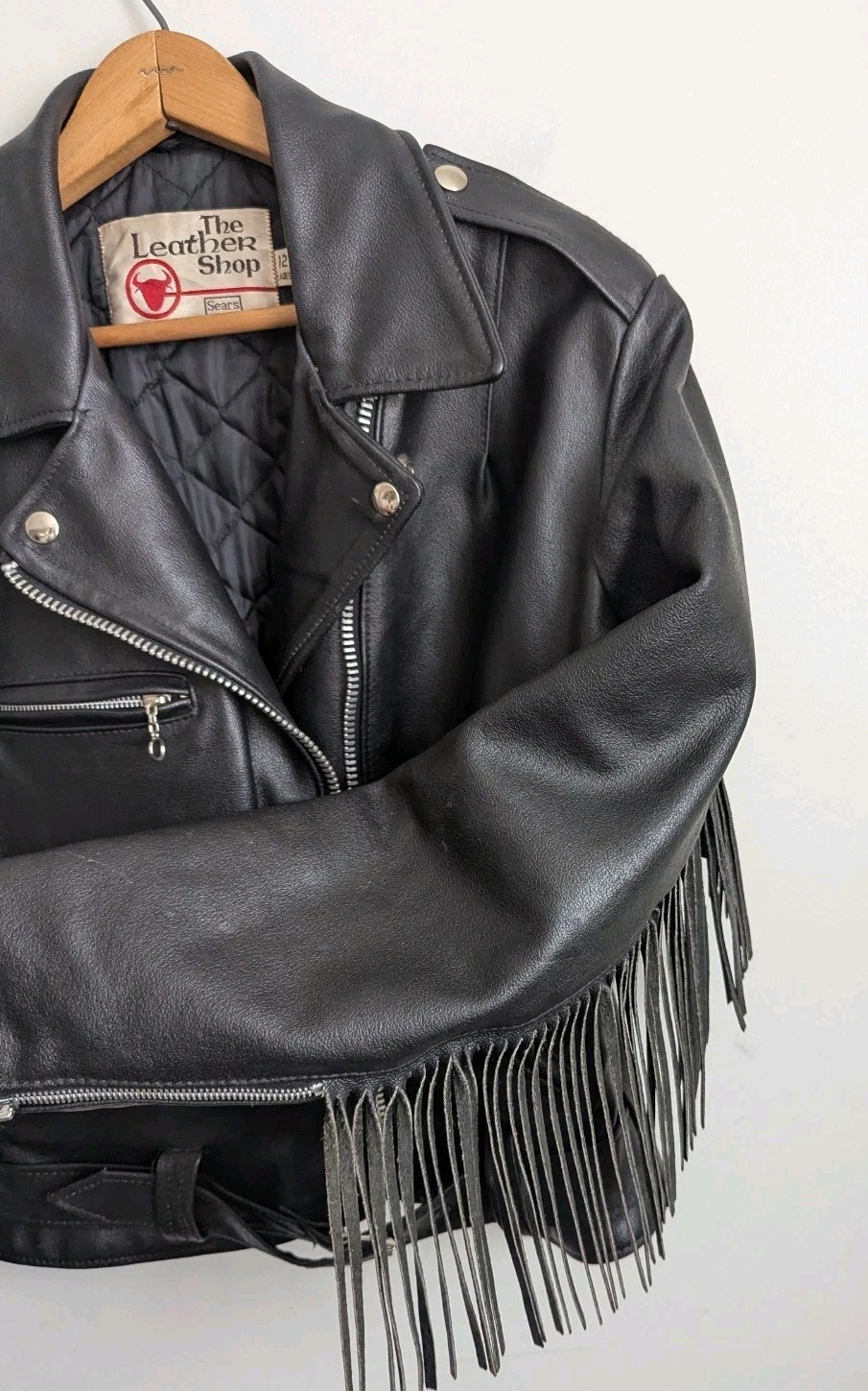 Vintage 60s Sears Black Leather Biker Moto Jacket Belted Fringe Womens S M Punk