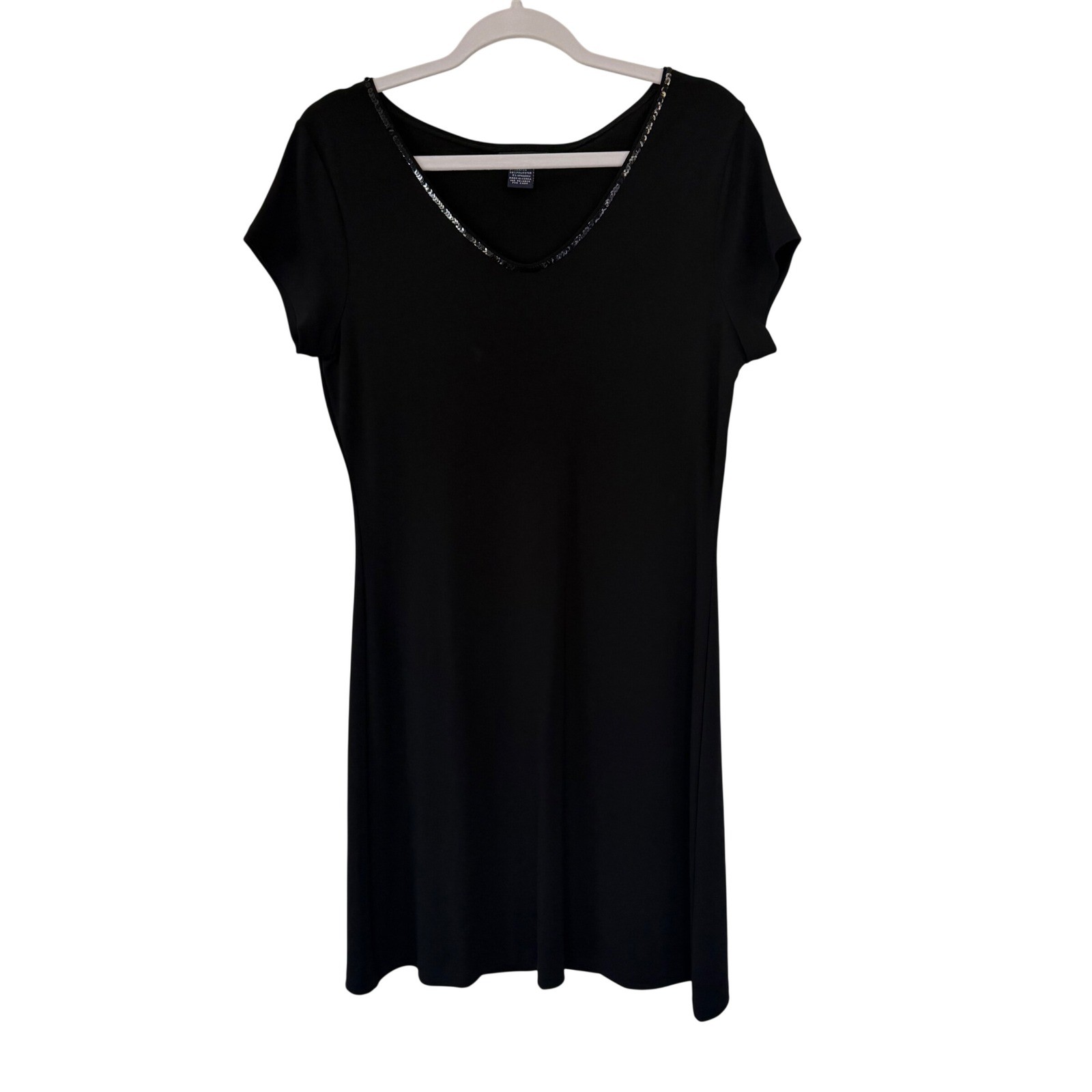 The Limited VINTAGE Black Jersey V-Neck Sequin Trim Midi Dress Short Sleeve M