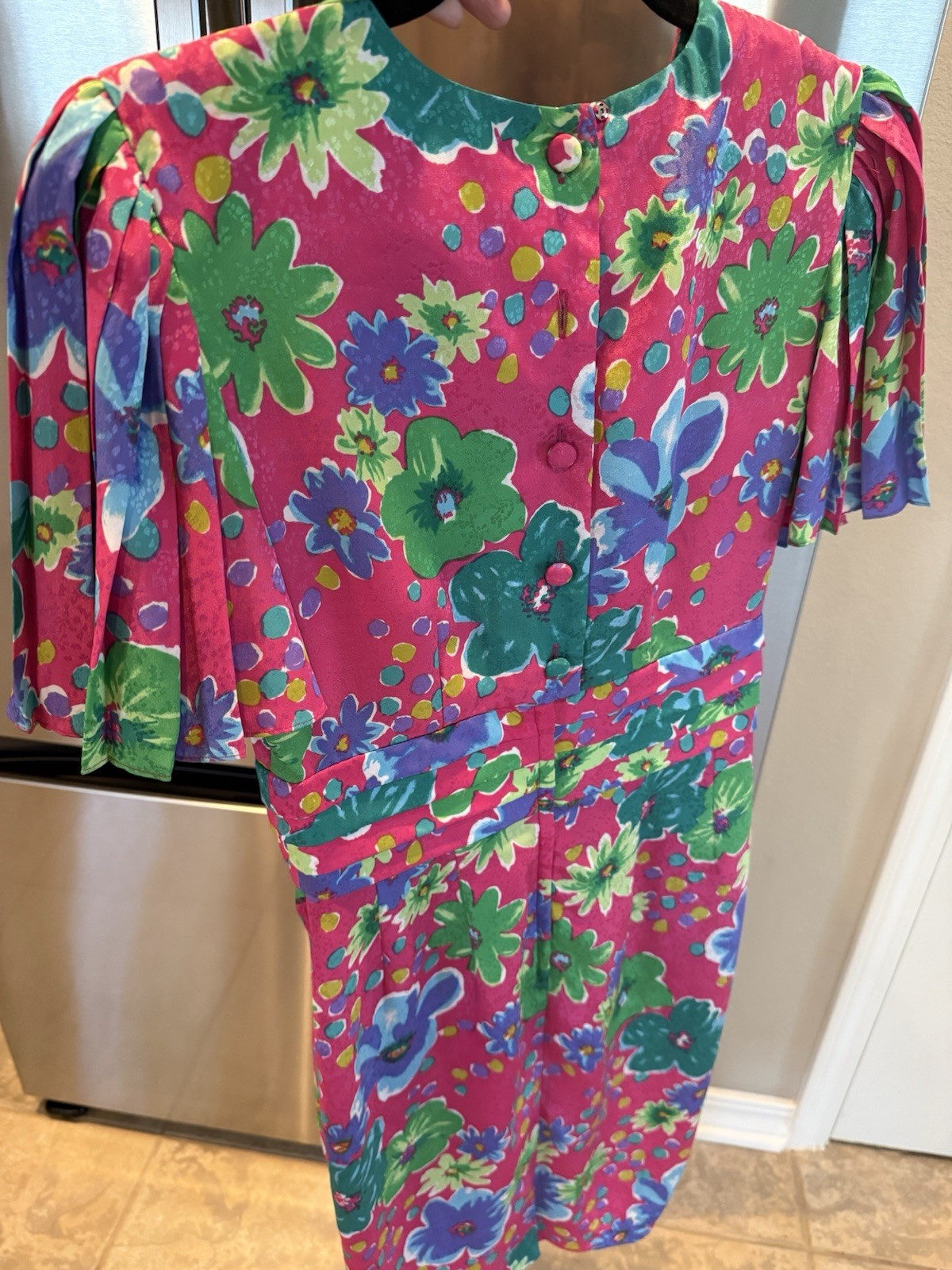 Maggy Boutique Vintage Floral Dress Pink Green Blue Purple 100% Polyester Size 4