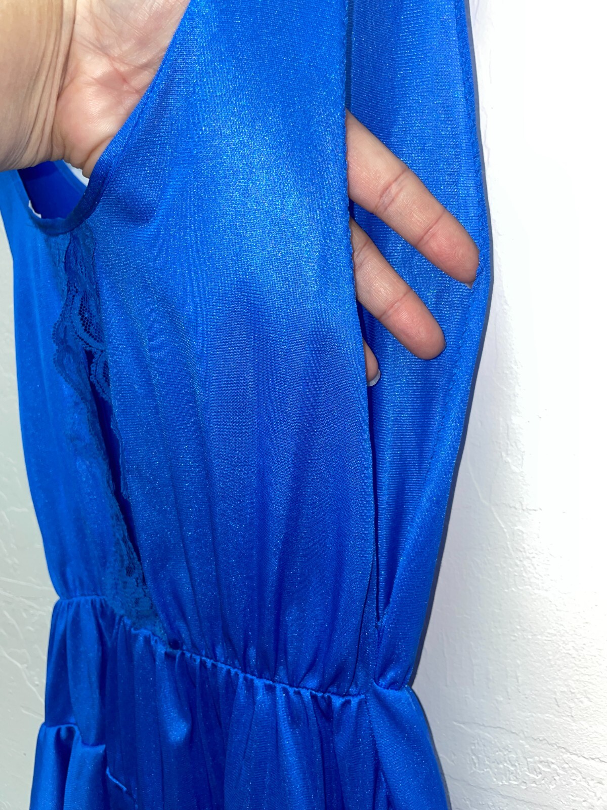 Vintage Petra Fashions Lingerie Nylon Satin M Royal Blue Lace Romper Ruffle