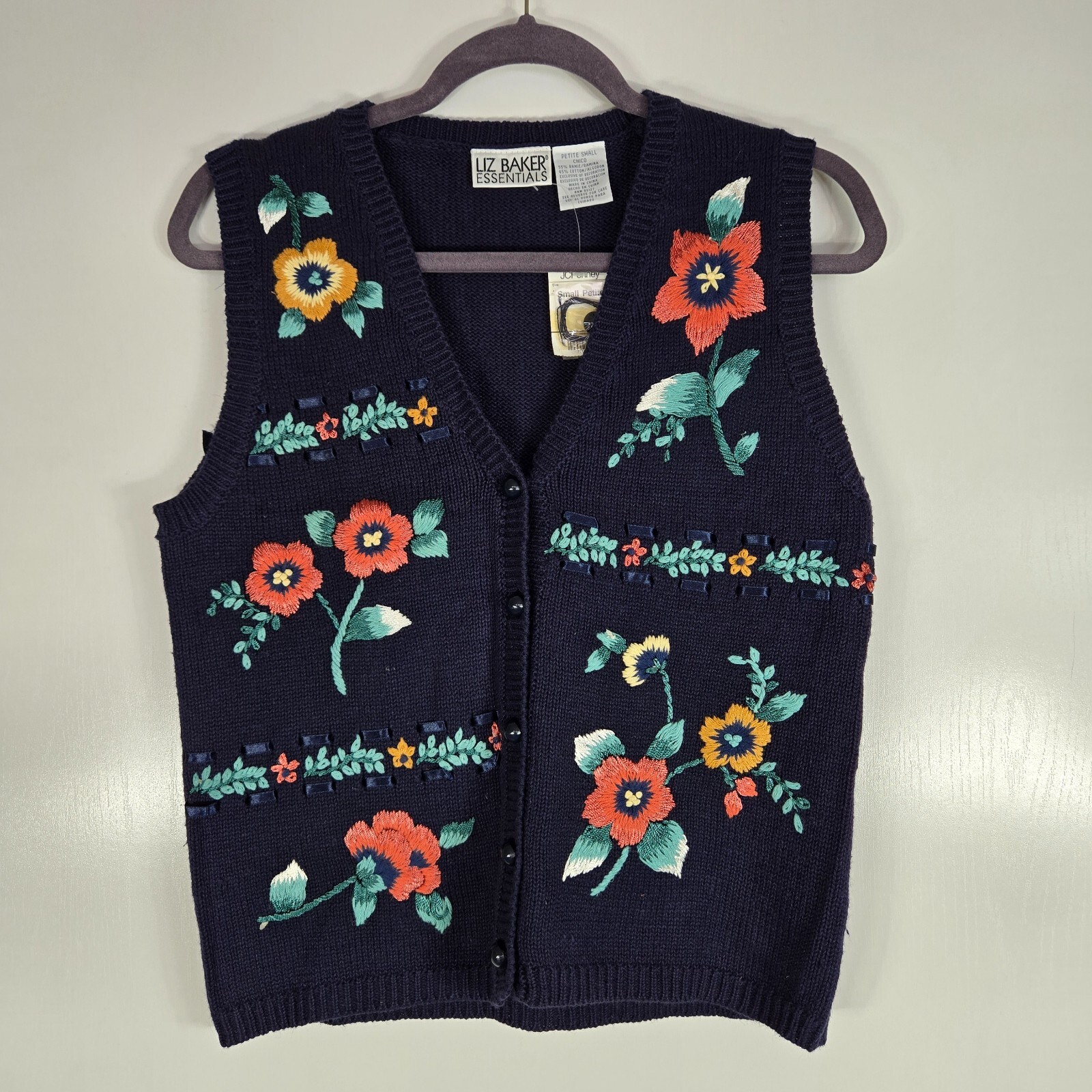 Vintage 90s Liz Baker Navy Floral Embordered Vest Size SM Boho Cottagecore