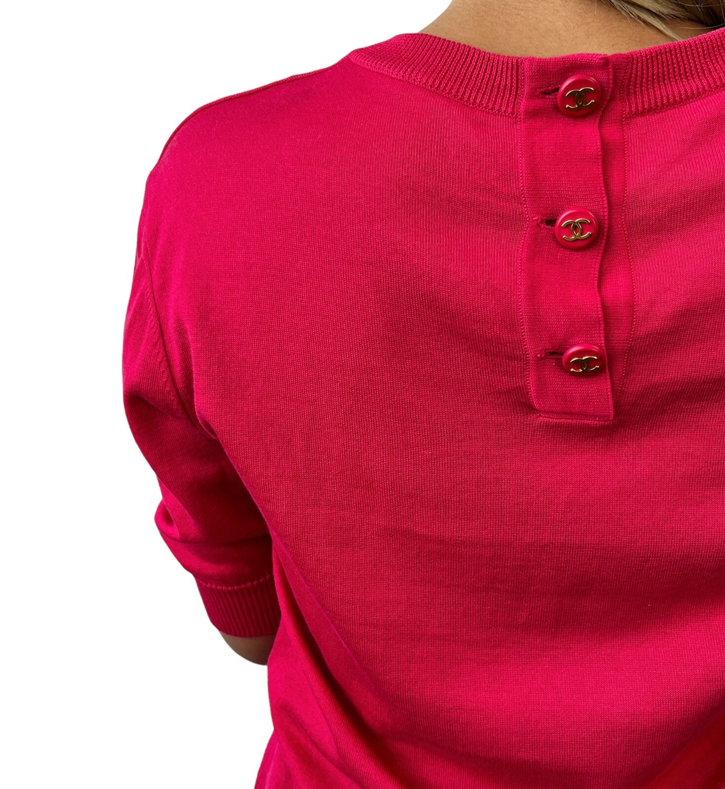 CHANEL Vintage CC Logo Button Knit Top #40 Short Sleeve Pink Rank AB