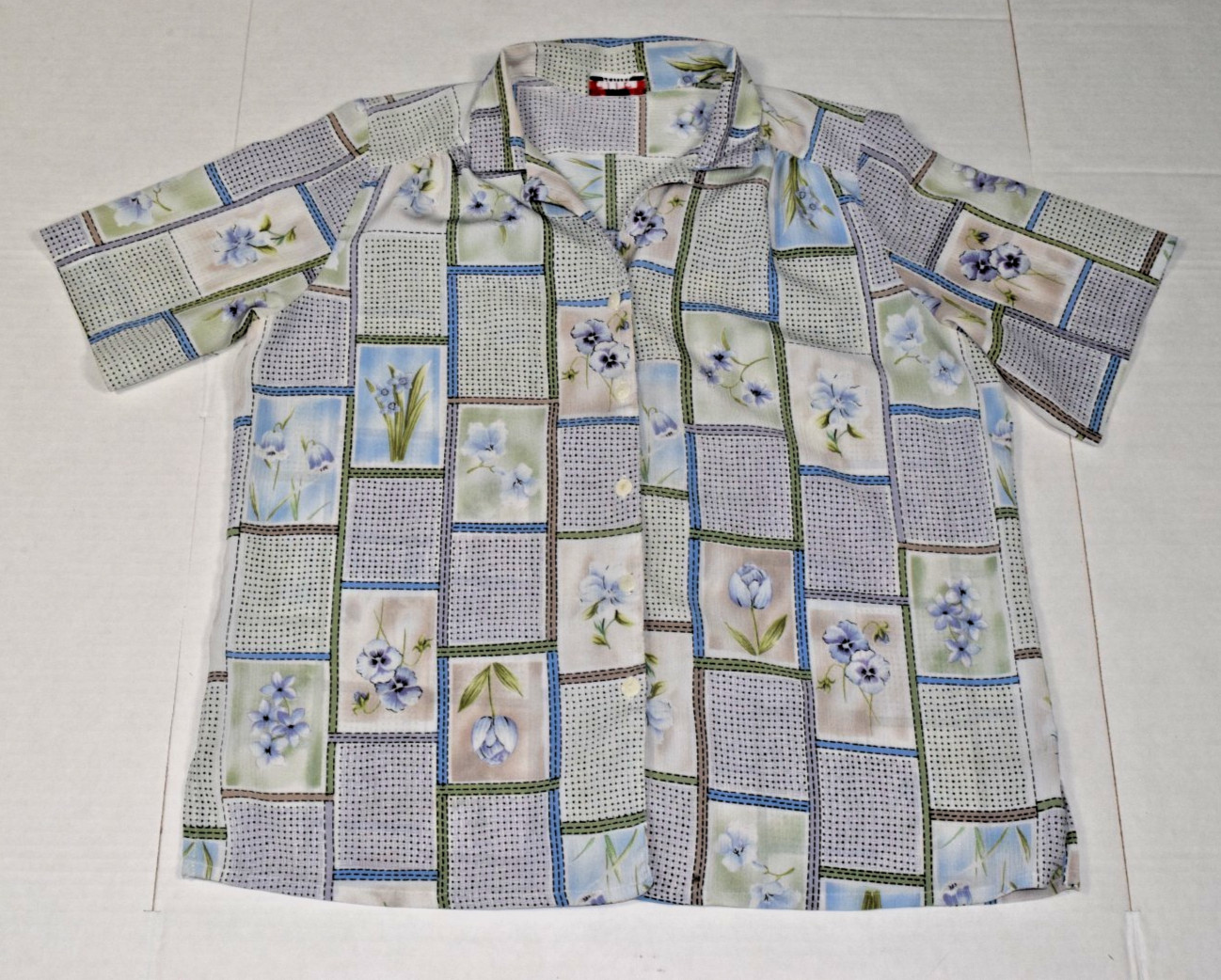 Vintage Alia Blouse Size M/L 80s Blue Green Patchwork Floral Button Front