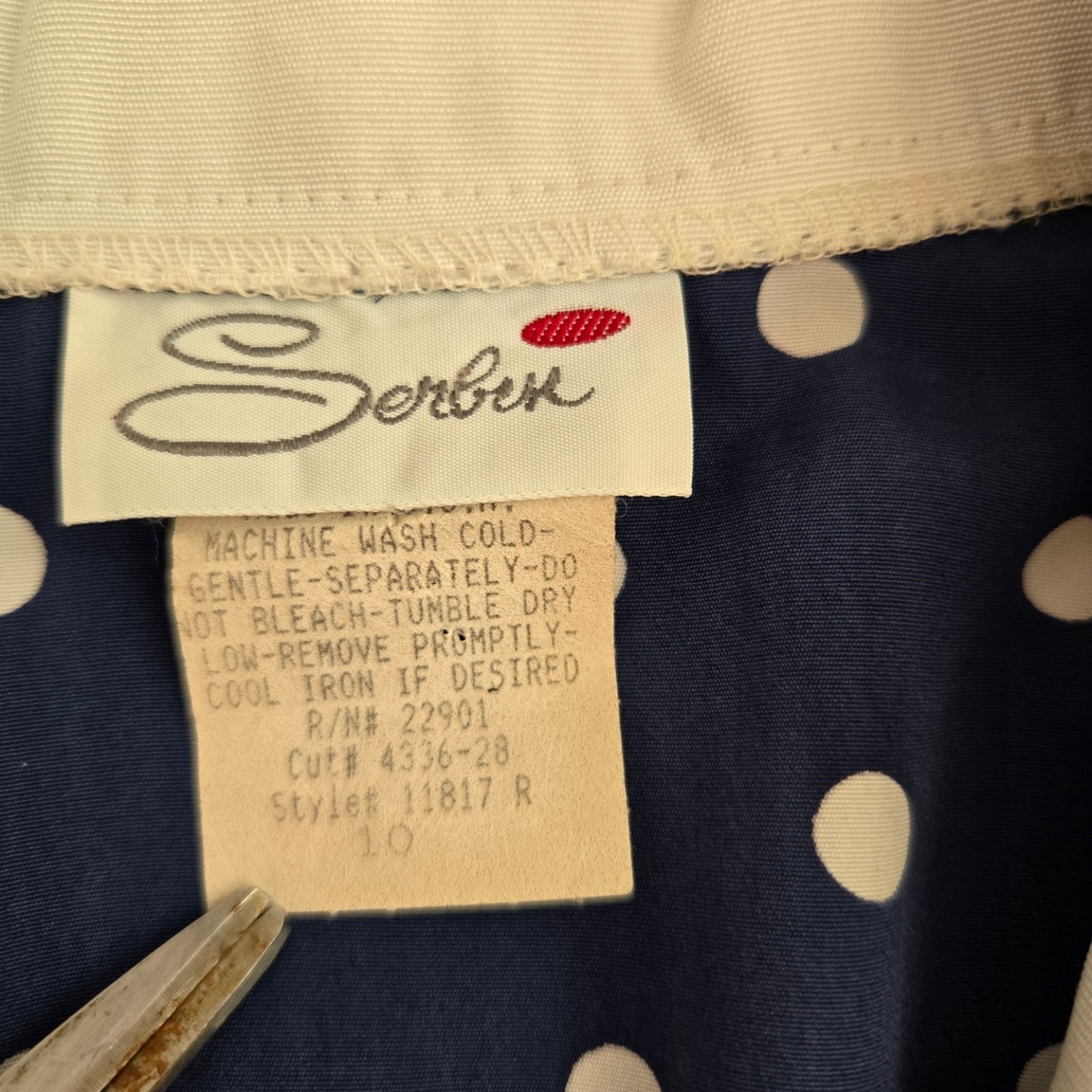 Vintage Serbin Dark Academia Blue Polka Dot Midi Shirt Dress Contrast Collar 10