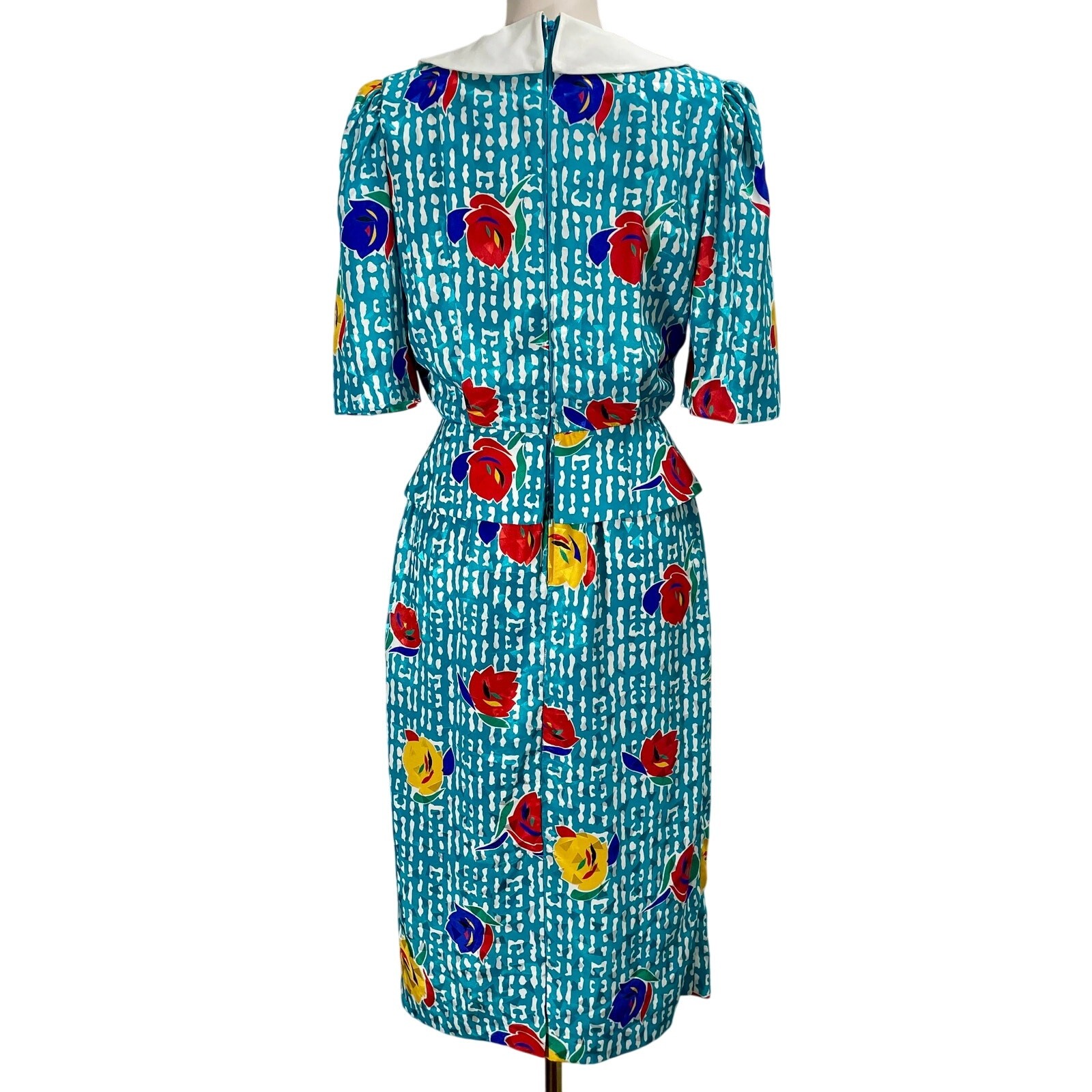 Vintage 80s David Warren Vibrant Blouson Dress Floral Short Sleeve Collared Sz 8