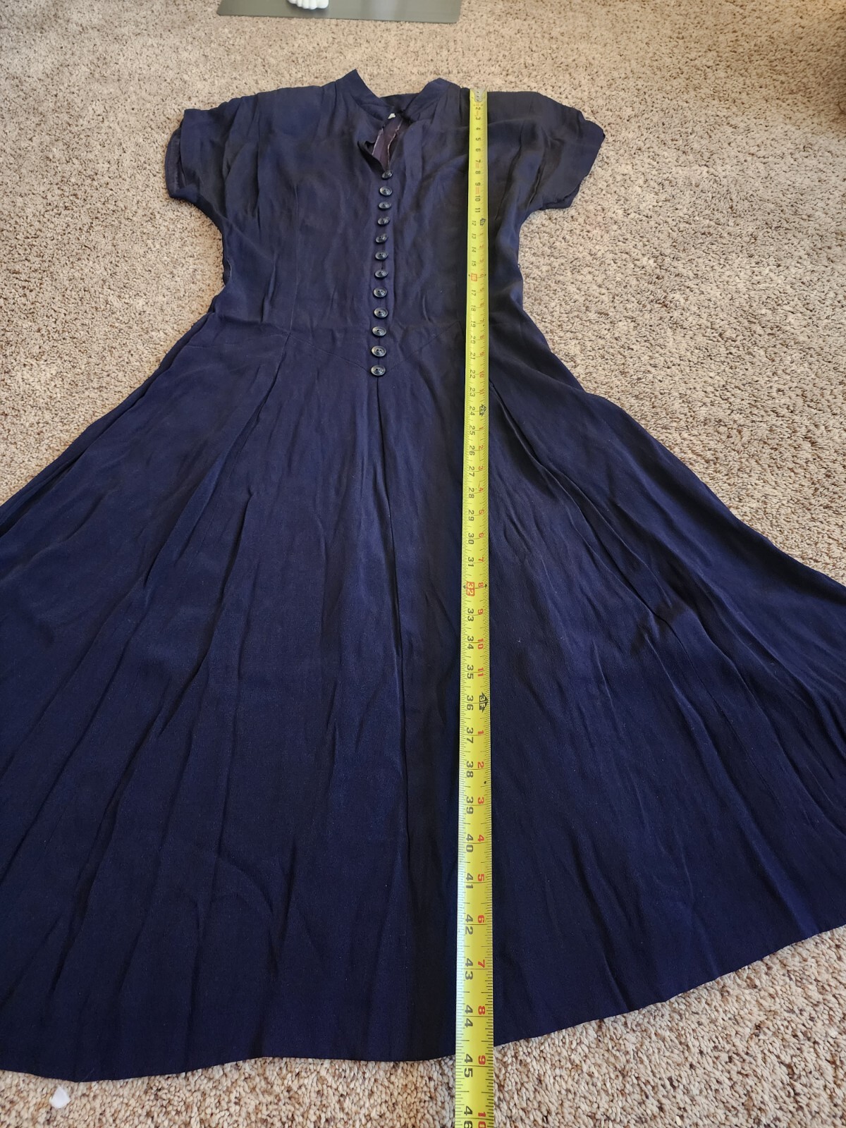 Vintage 40s Navy Silk Crepe Fit Flare Midi Dress Buttons W26″