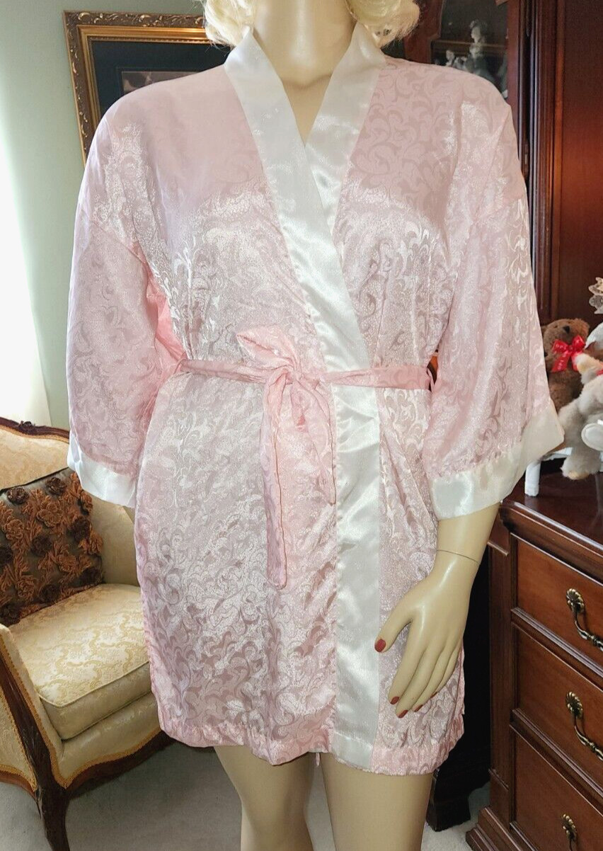 Vtg Sedu One Size Fits Most Pink White Jacquard Satin Wrap Robe Dressing Gown OS