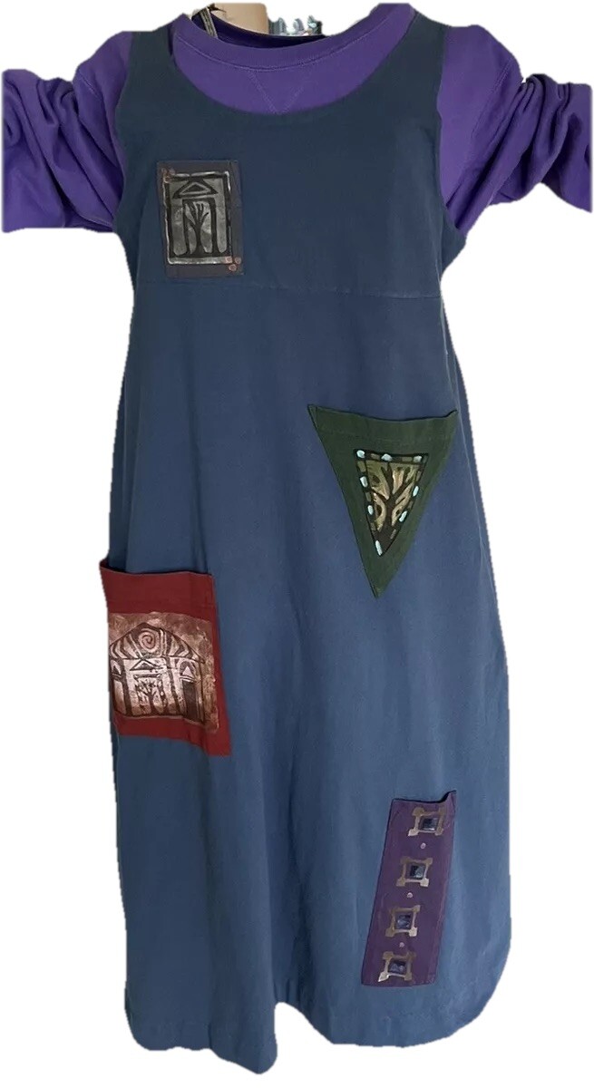 VTG Blue Fish Dress 5 Hand Painted Pockets Patch On Back With Quote 1 #62