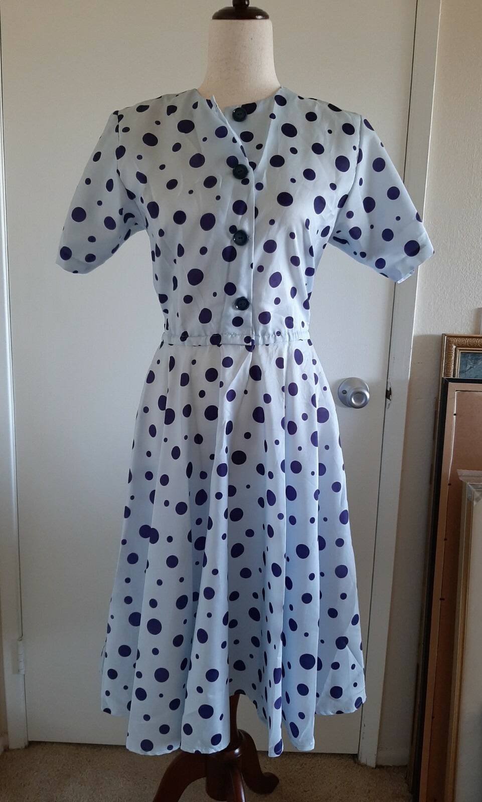 Vintage 50s Blue Polka Dot Shirtwaist Dress Larger Size VLV Rockabilly