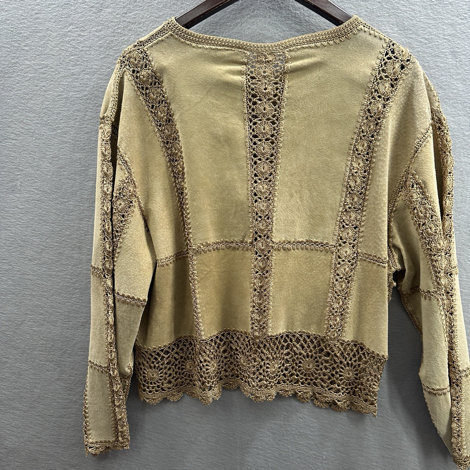 Vintage Suede & Crochet Tan Jacket Hippy Boho Grunge Quiet 70s y2k Women’s L