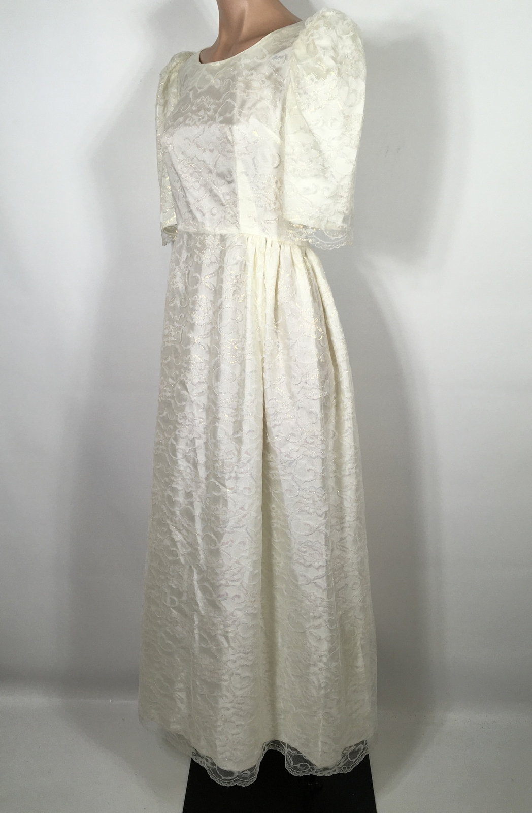 VTG 80s Puffy Sleeve Dress Floral Lace PROM Party Wedding Metallic Lame EUC S/M