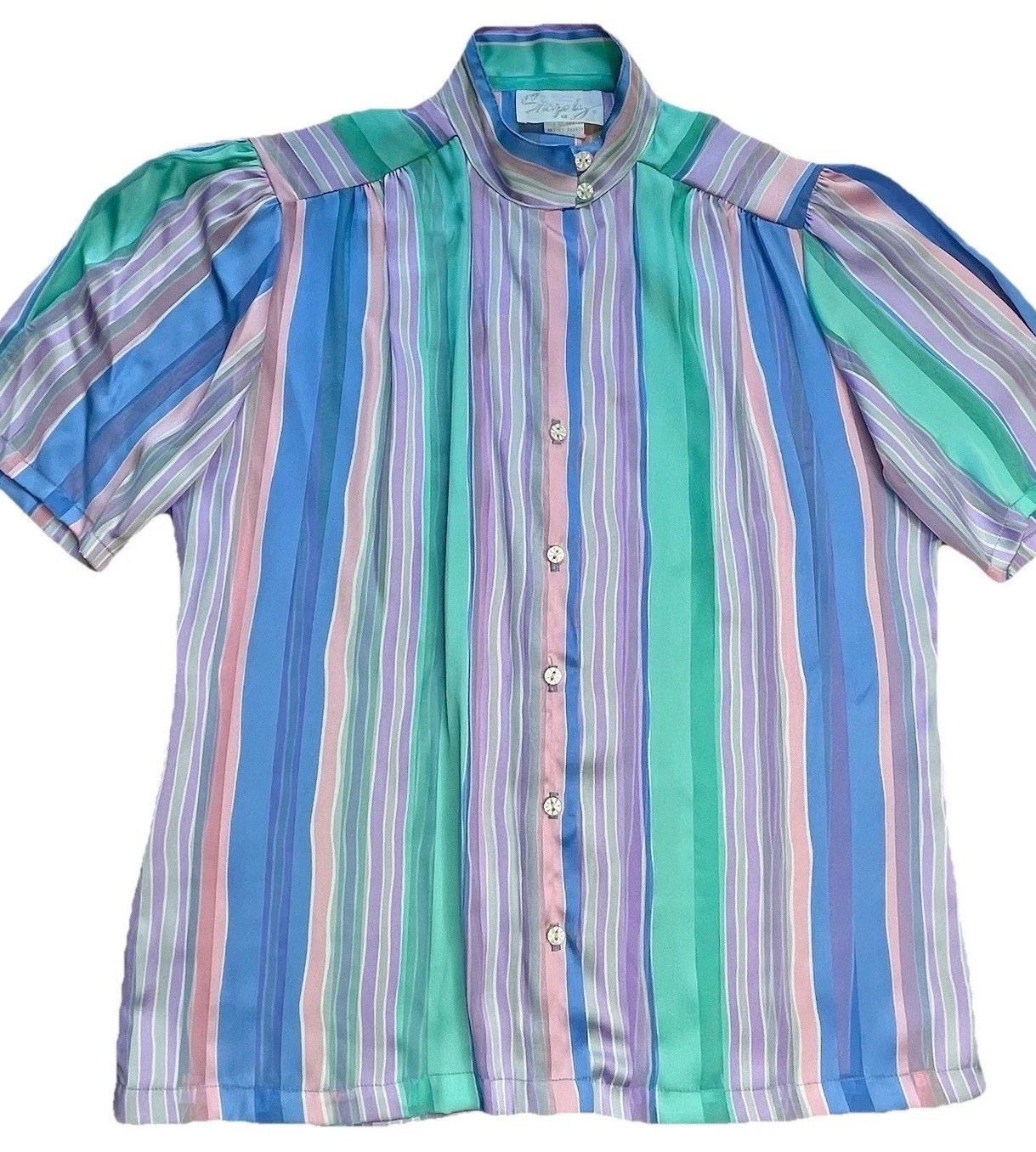 VTG Pastel Striped Blouse 12 High Mock Neck W/ Tie Button Front Retro Office