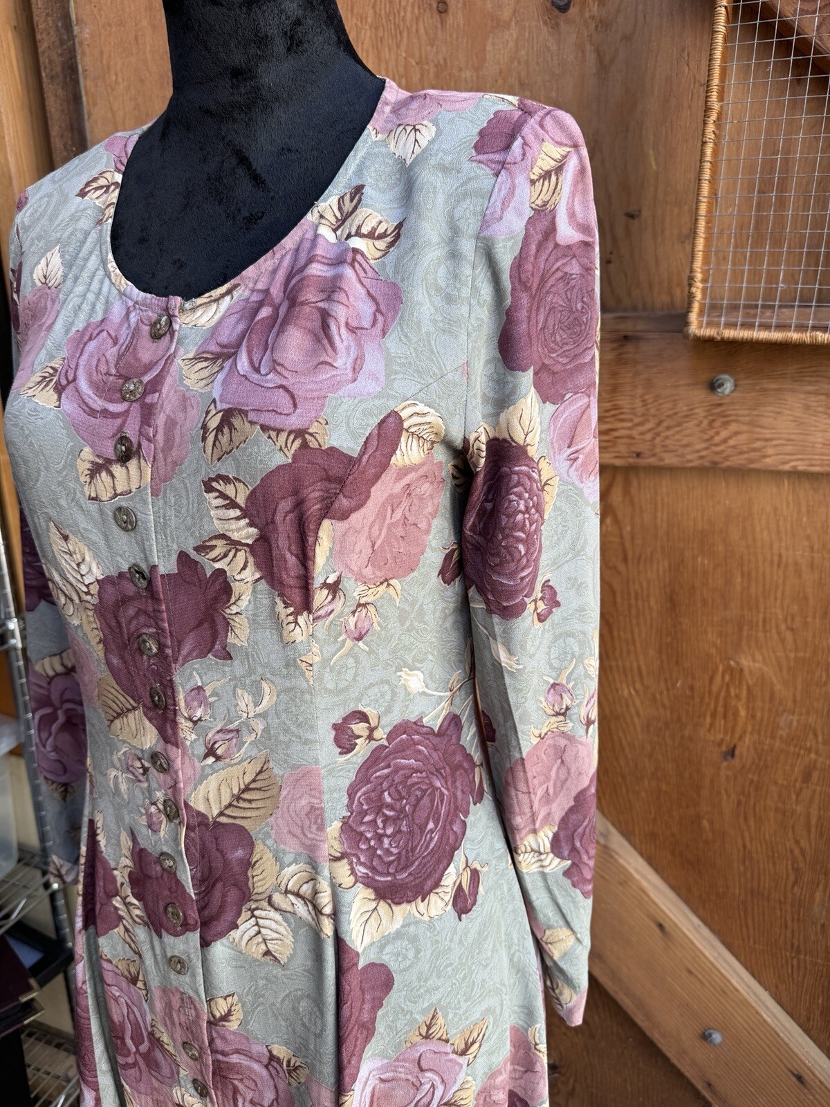 Vintage 1980s Carole Little Dress- Small- Olive Green, Light Burgundy, Pink