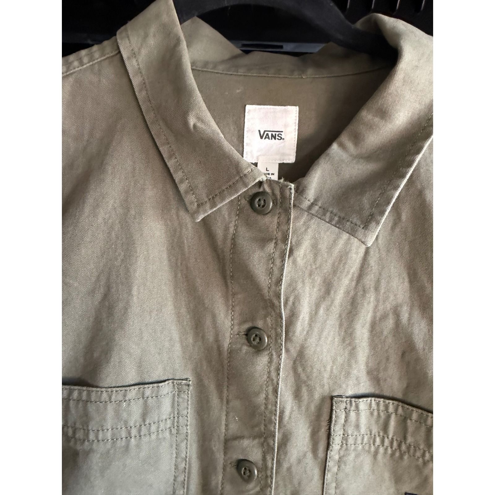 Vans Broadway Olive Green Cotton Twill Button Up Utility Shirt Dress Size L