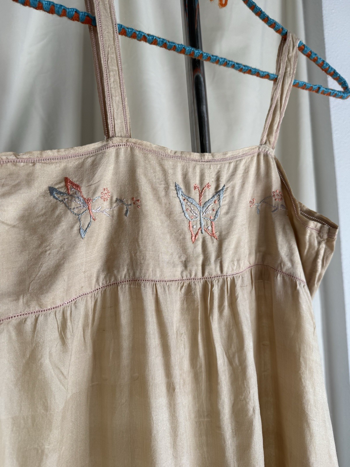 Antique 1920’s Pongee Slip Step-in Butterfly Embroidery Chemise Écru Silk Set