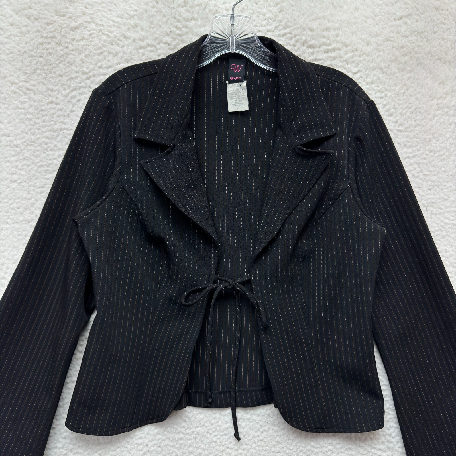 90s Y2K Vintage Blazer Jacket Top Large Black Open Tie Front Corpcore Office