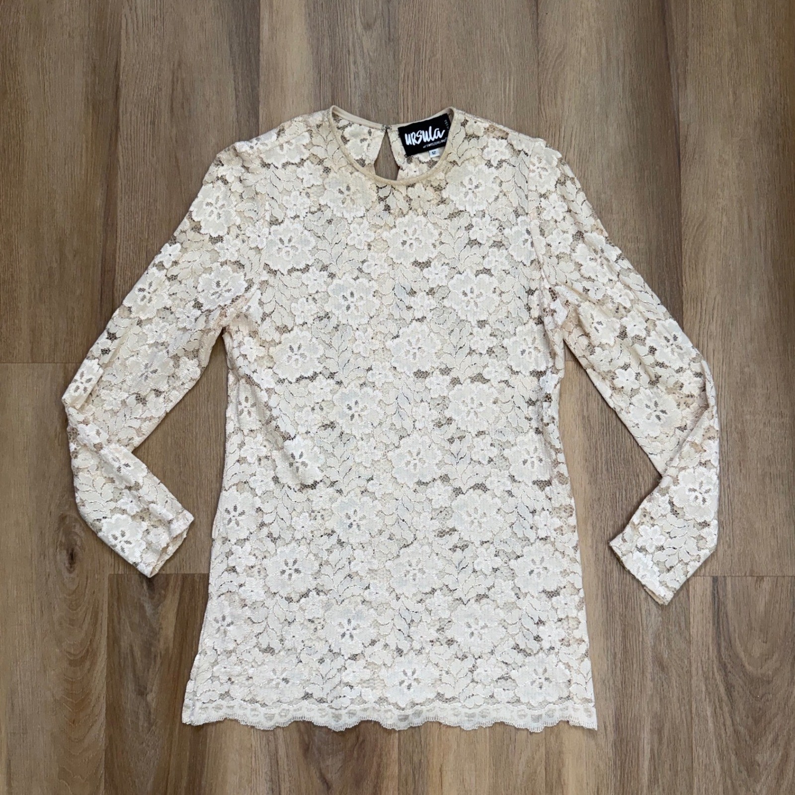 Vintage Lace Blouse Cream gold Floral Long Sleeve 12 coverup boho festival