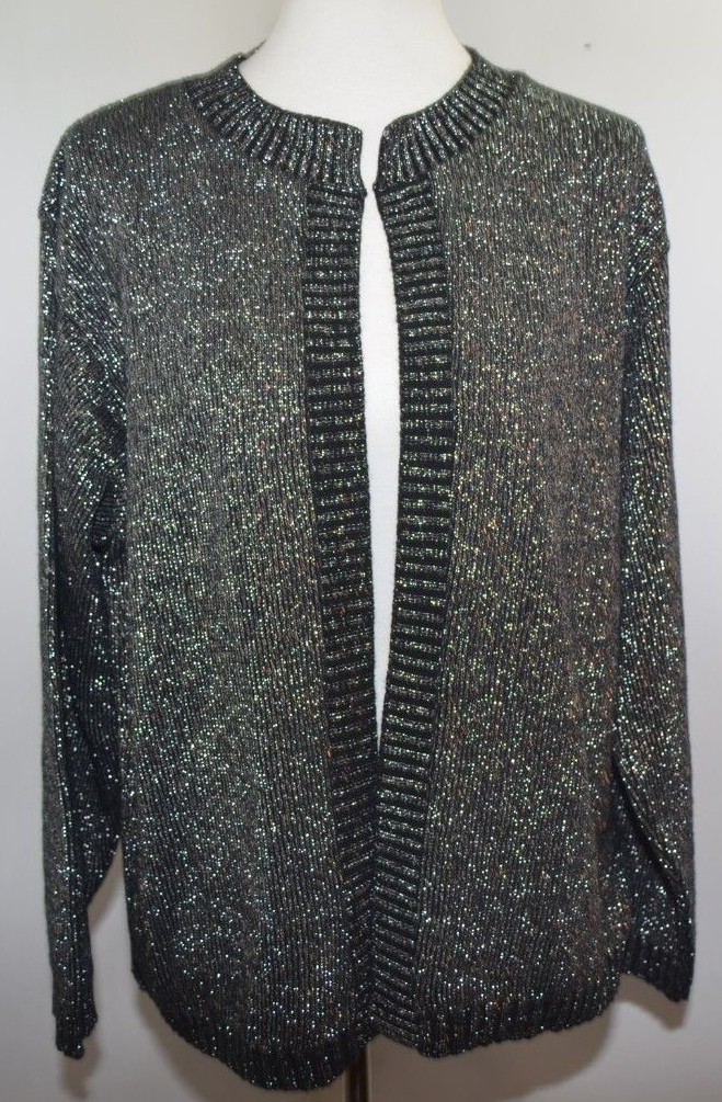 VTG Bedford Fair Black Silver Glittery open Front Cardigan Womens XL USA Made