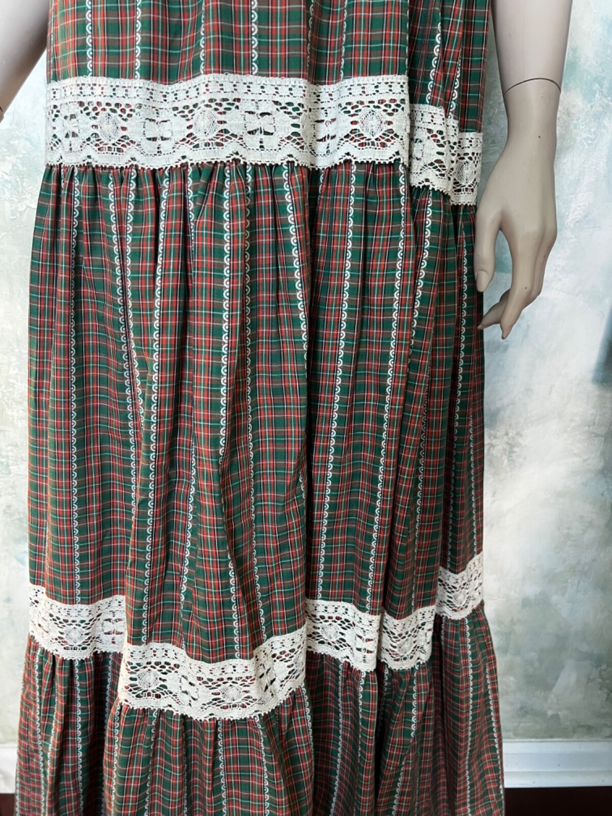 Vintage 70’s Green Plaid and Lace Prairie Maxi Dress Trivia by Charm S