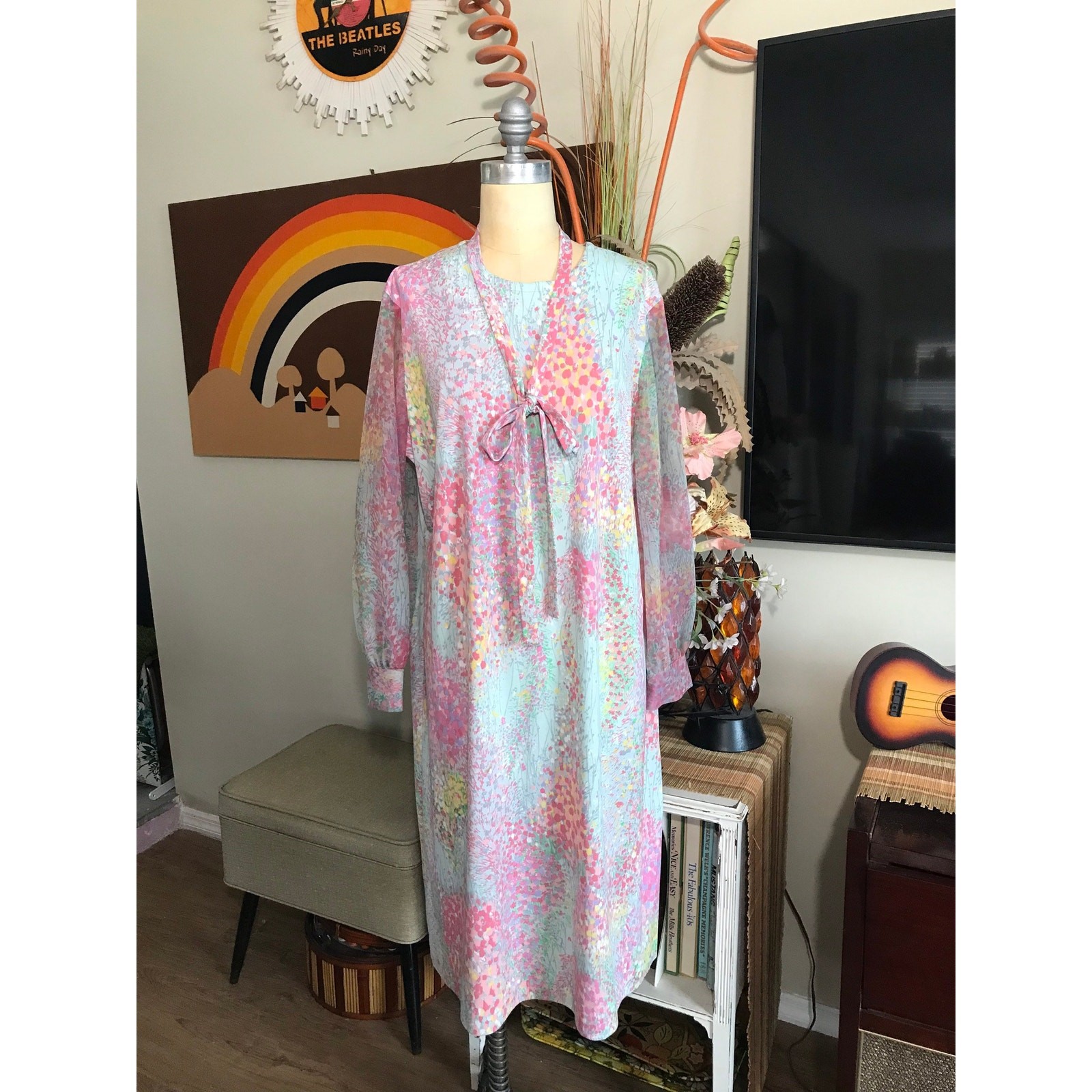 Vintage 1970s Mary Roberts Pastel Floral Dress with Detachable Chiffon Vest
