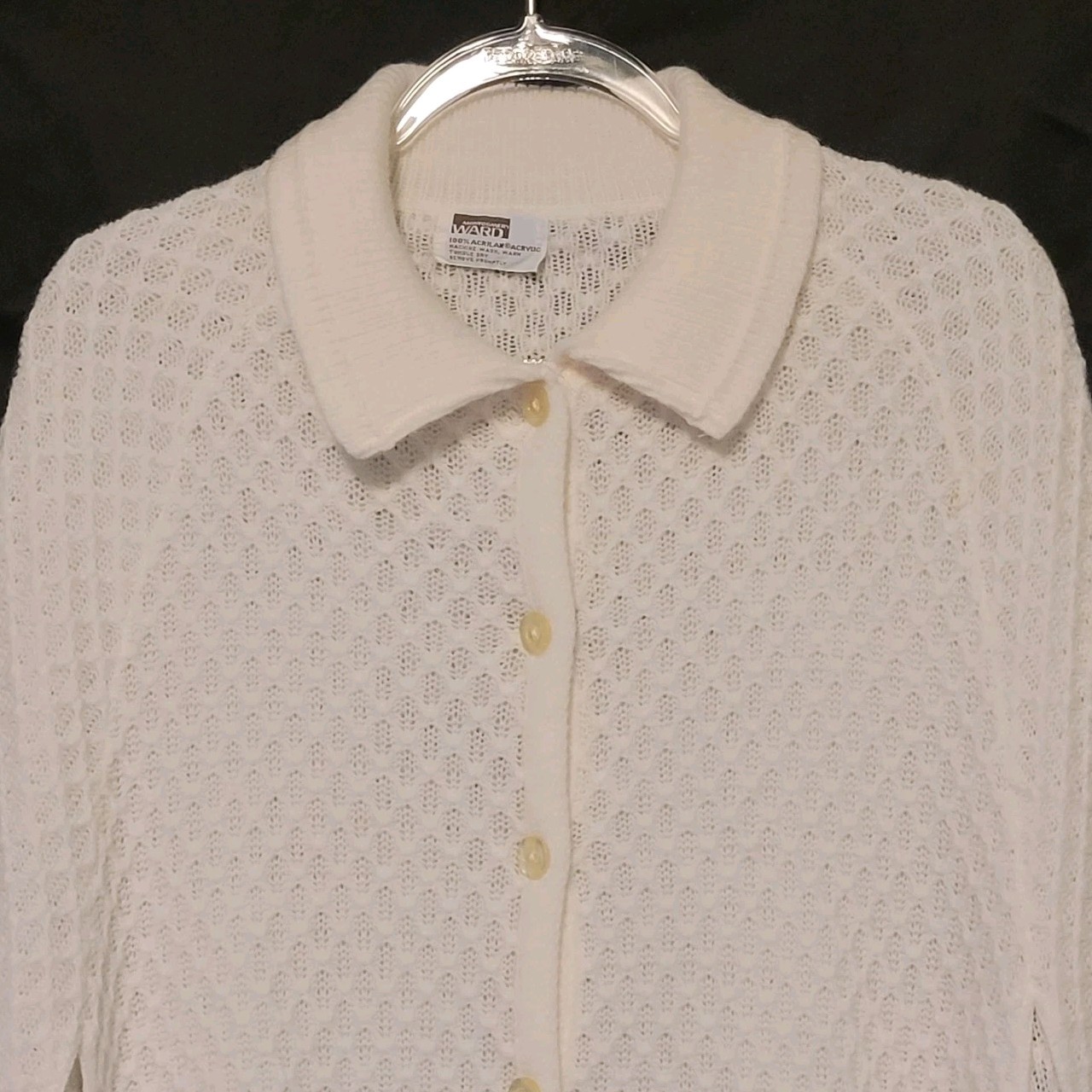VTG Montgomery Ward Cream Crochet Knit Collared Shawl Sweater Grandma Wmn’s OSFM
