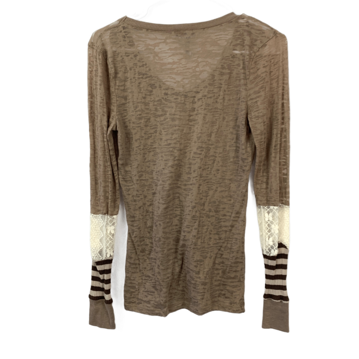 BKE Women’s Y2K Burnout V-Neck Long Sleeve Shirt Brown M Sheer Boho Lace