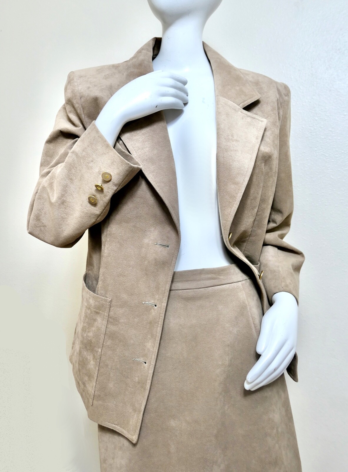 Vintage Count Romi Skirt Jacket Ultra Suede Beige Nude Khaki Suit L