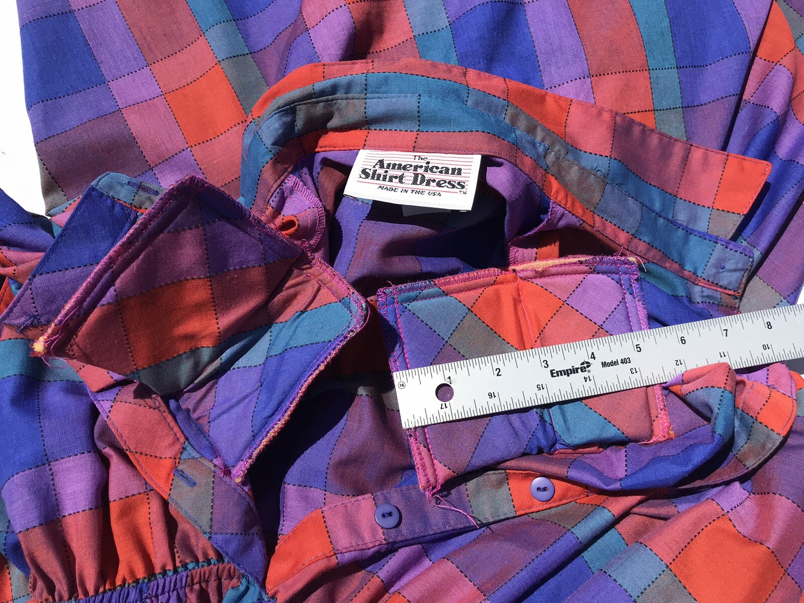 Vtg 80’s AMERICAN SHIRT DRESS Women’s M L 13 Geo Color Block Belted Shldr Pads