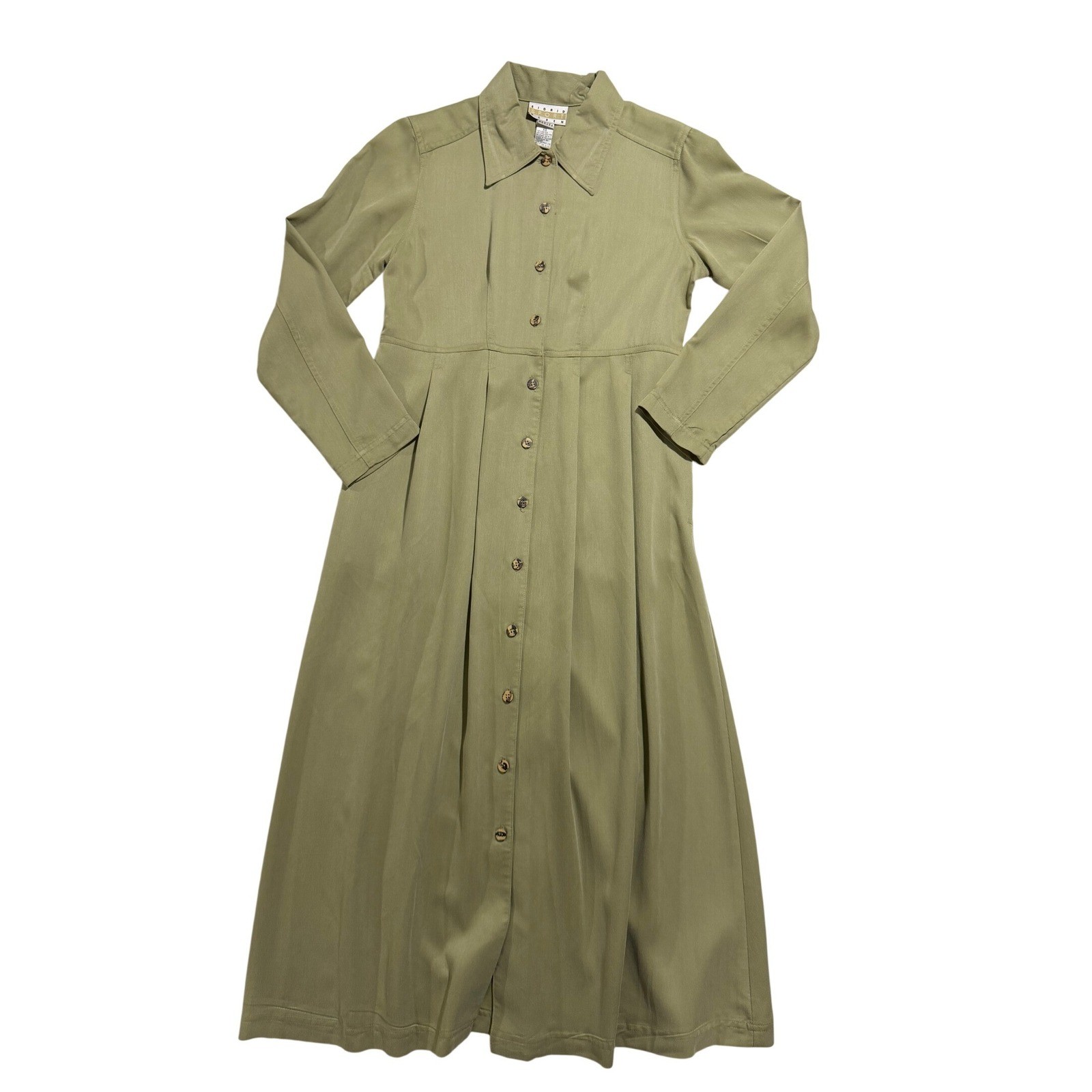 Vintage 90s Sigrid Olsen Dress Petite XS Sage Green Midi Long Sleeve