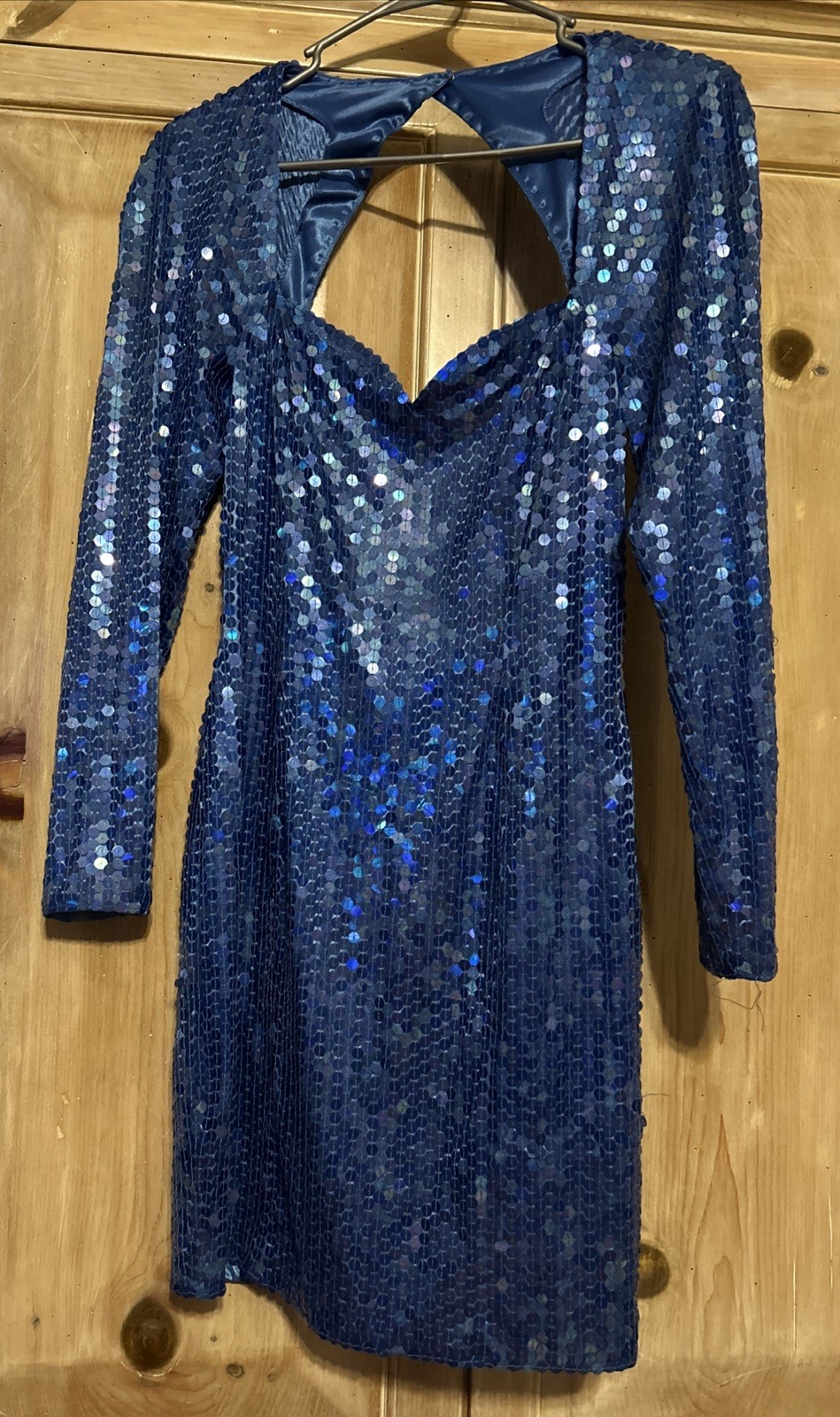 Vintage Niteline Dress Long Sleeve Blue Sequin Polyester Size 6 Stretchy Sexy