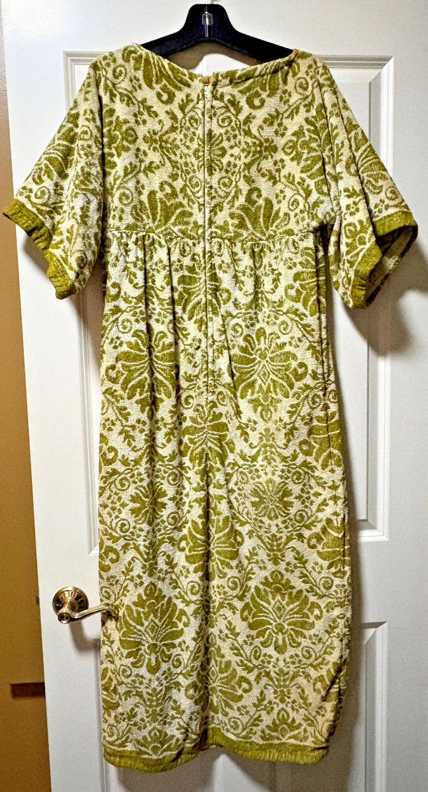 Vintage A Royal Robe Mid-Century MCM Green & Ivory Terry Cotton Long Housecoat
