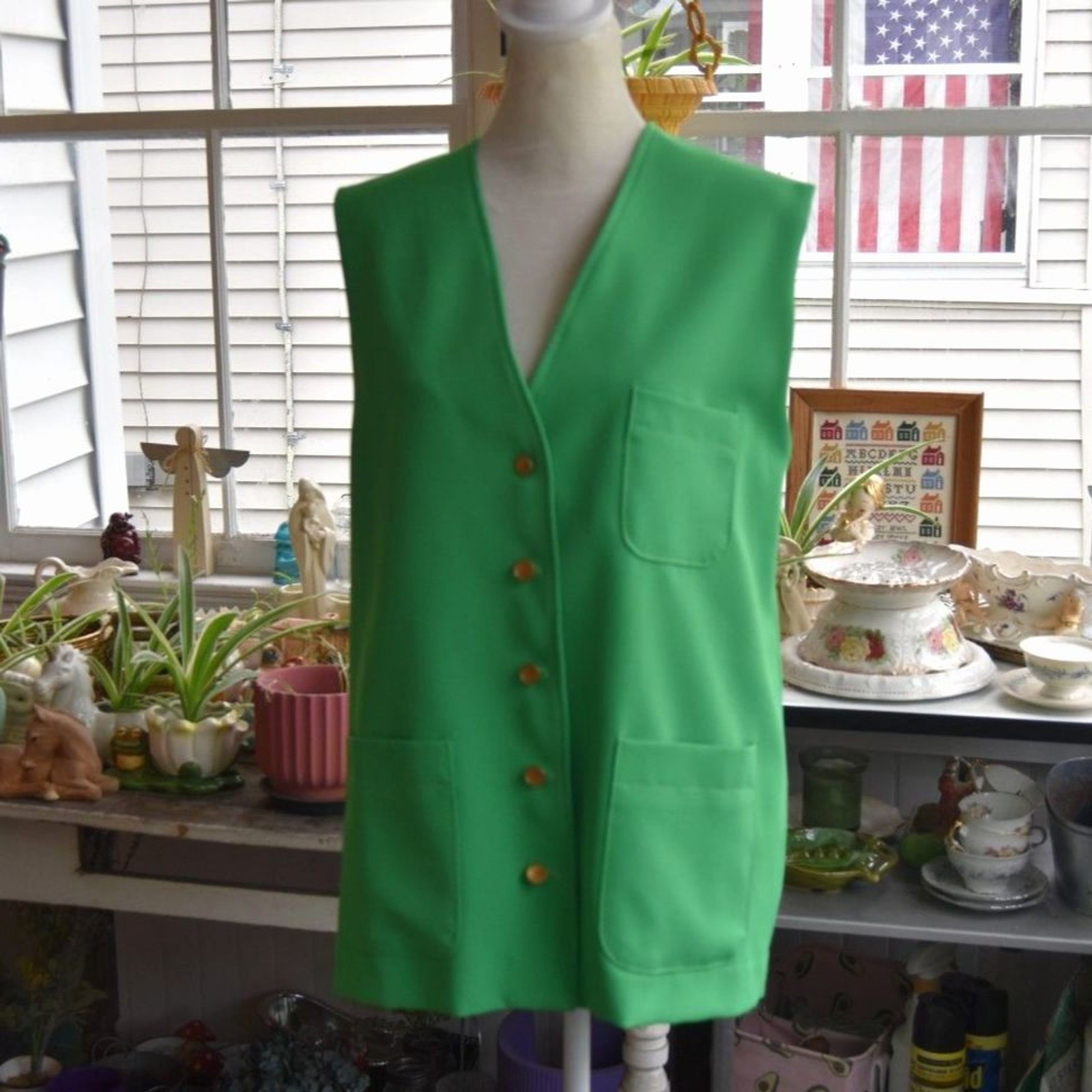 Vintage 70s Alex Colman Kelly Green Long Vest Gold Buttons Size L XL
