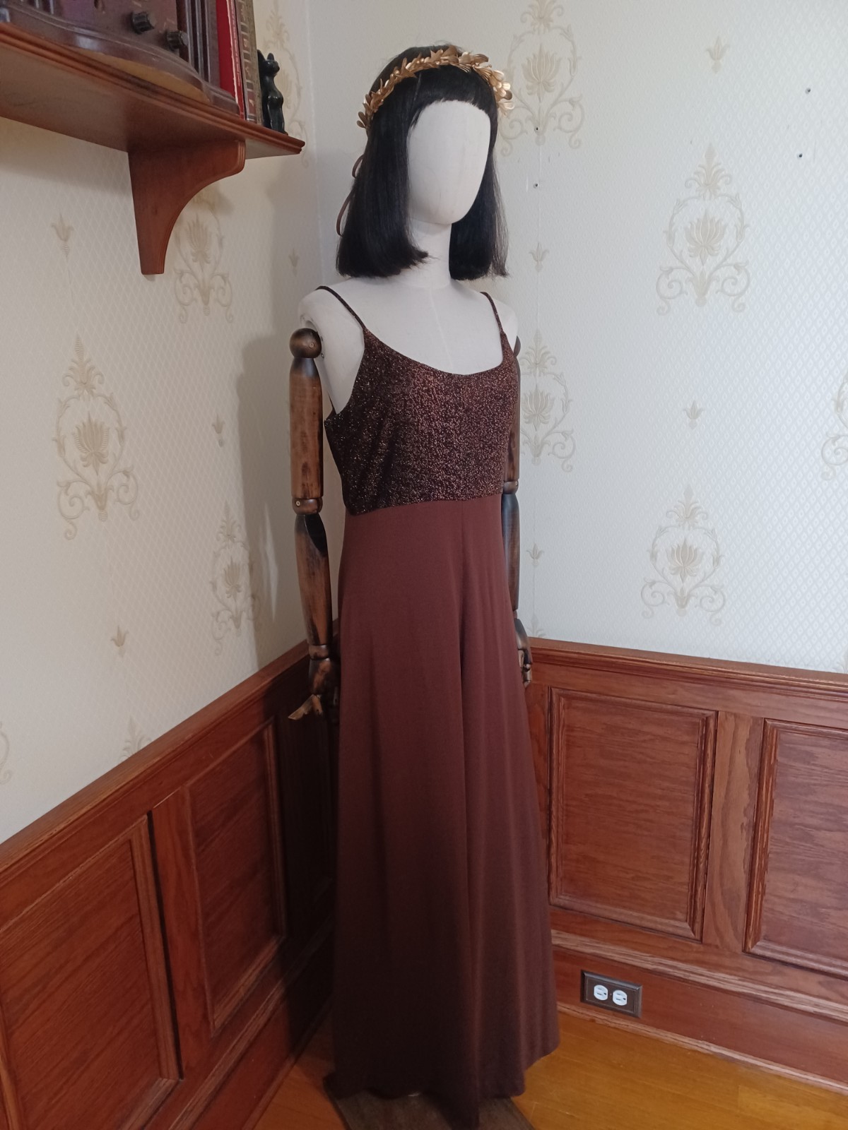 Vintage 1960s/1970s Brown Metallic Gold Bohemian Disco Maxi Evening Dress