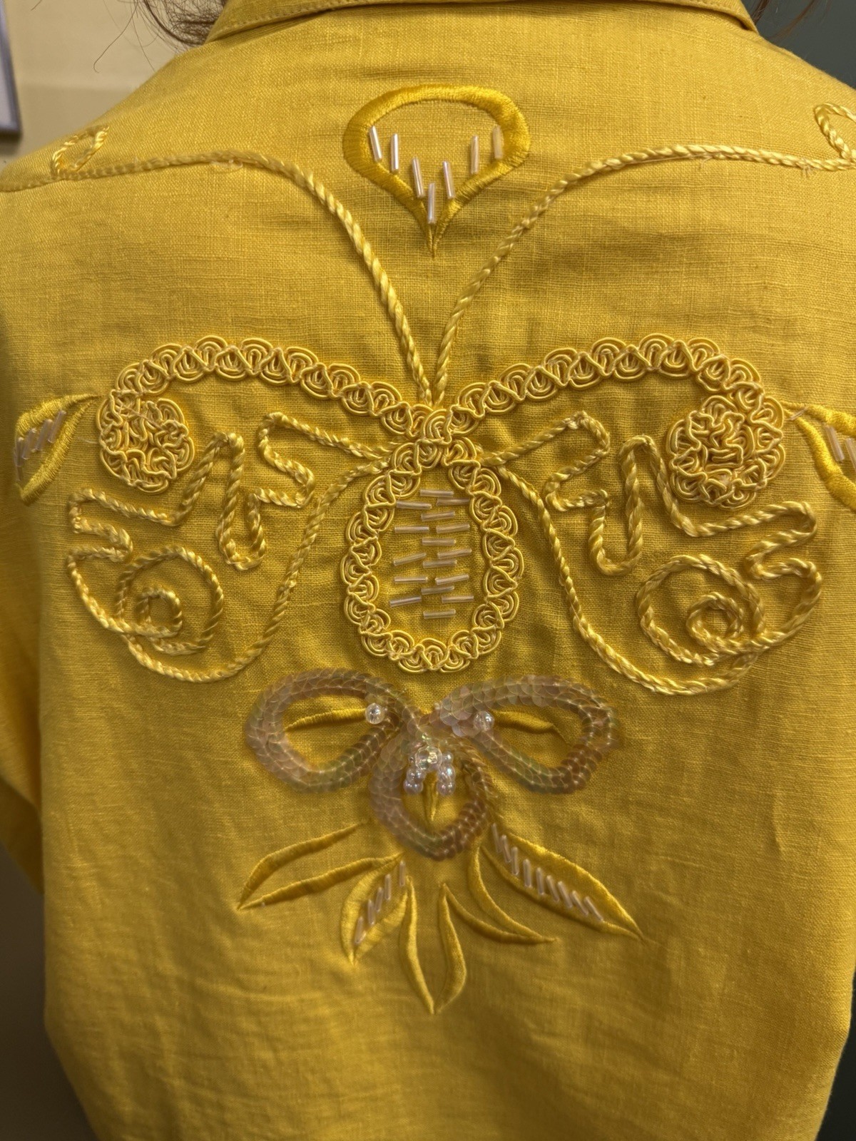 Vintage 80s/90s Adolfo International Yellow Linen Blend Sequin & Beaded Blazer M