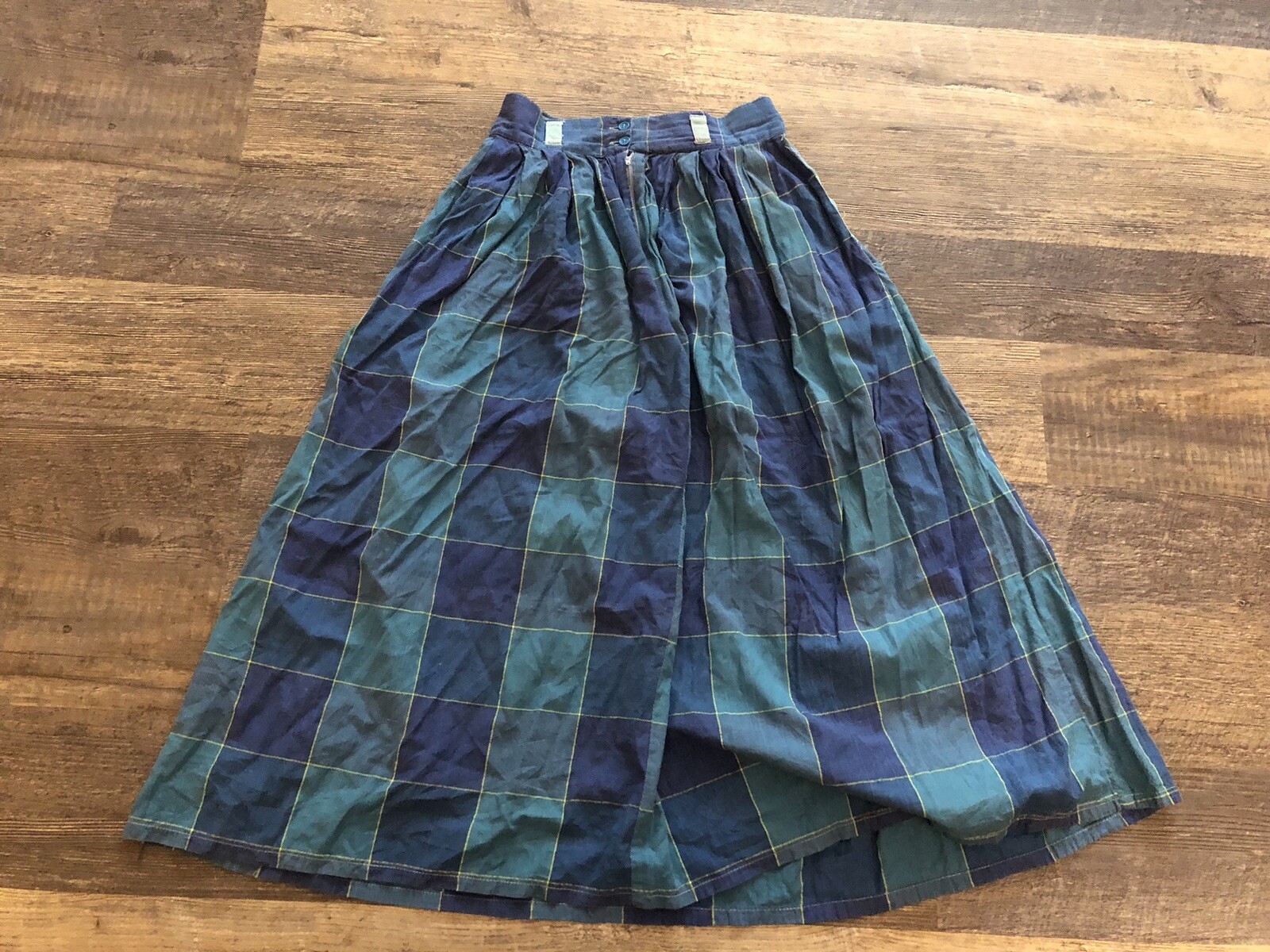 Vintage 80s Santa Cruz 22″ Waist Blue Green Madras Plaid A-Line Skirt Cotton-XS