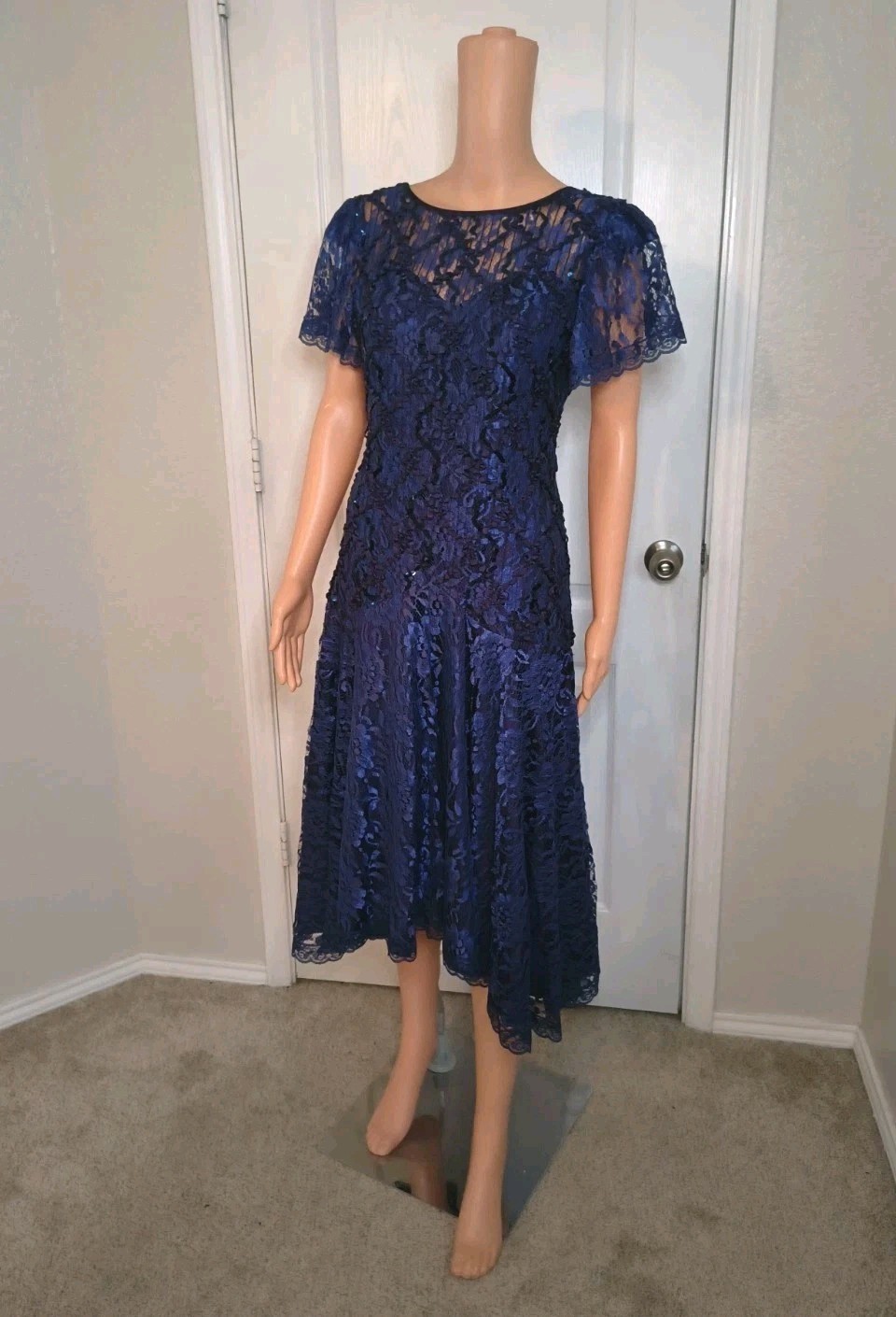 Vintage 80s Lace Drop Waist Dress Size 6 – Artsy Festival Sparkly Glam -DP29