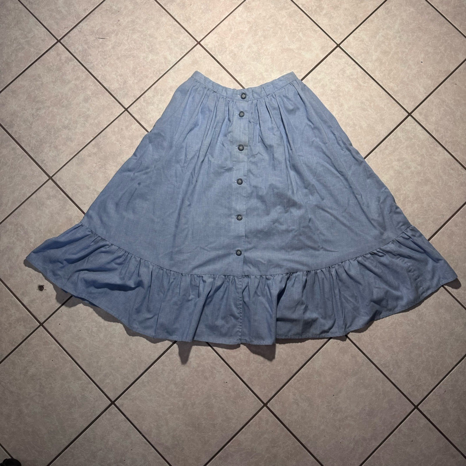 70s Handmade Ruffle Hem Denim Midi Skirt Button-Front Cottagecore Women’s M VTG
