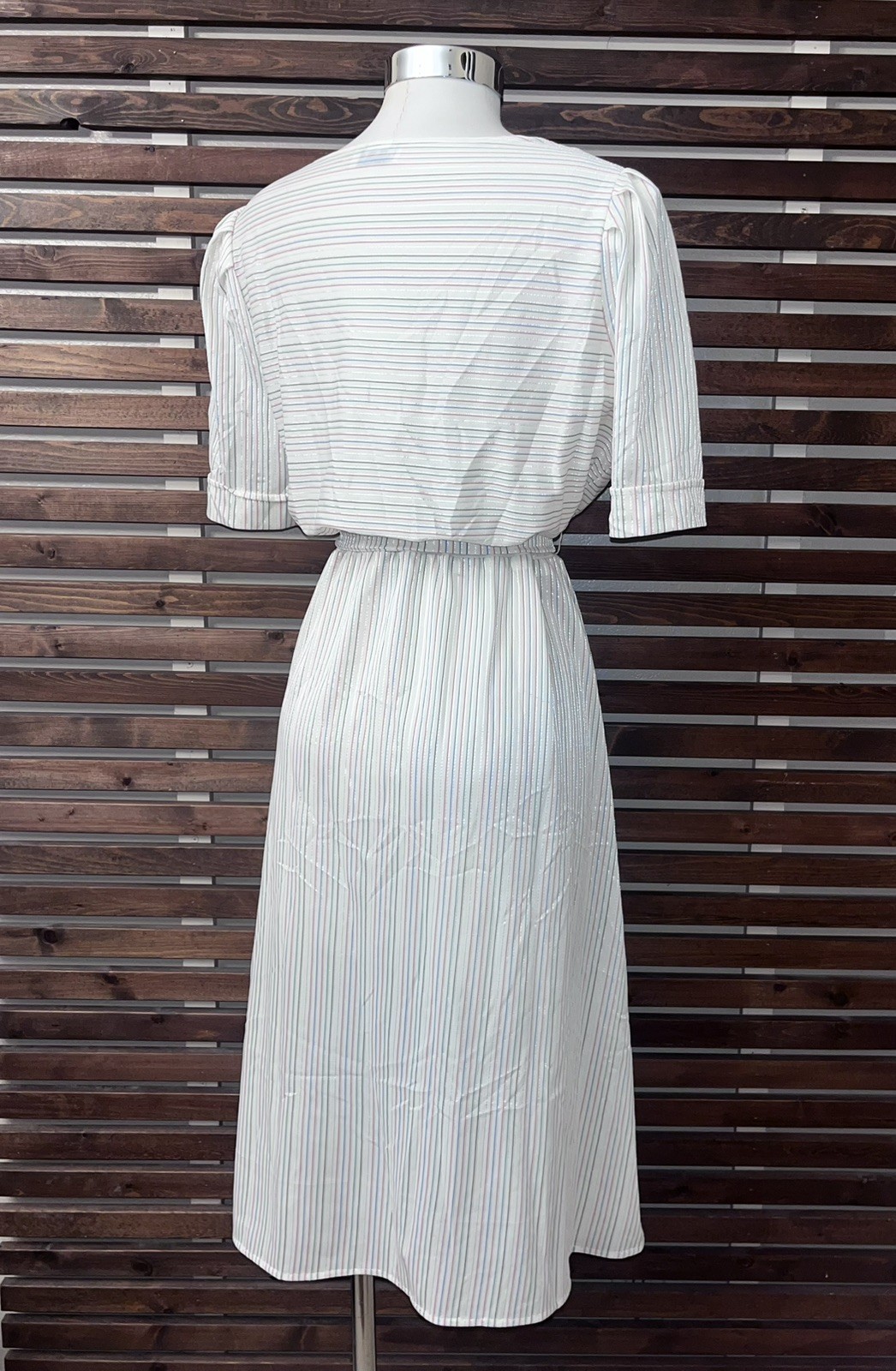 1970s Vintage White Pink Green Purple Striped Silver Metallic Tie Waist Dress