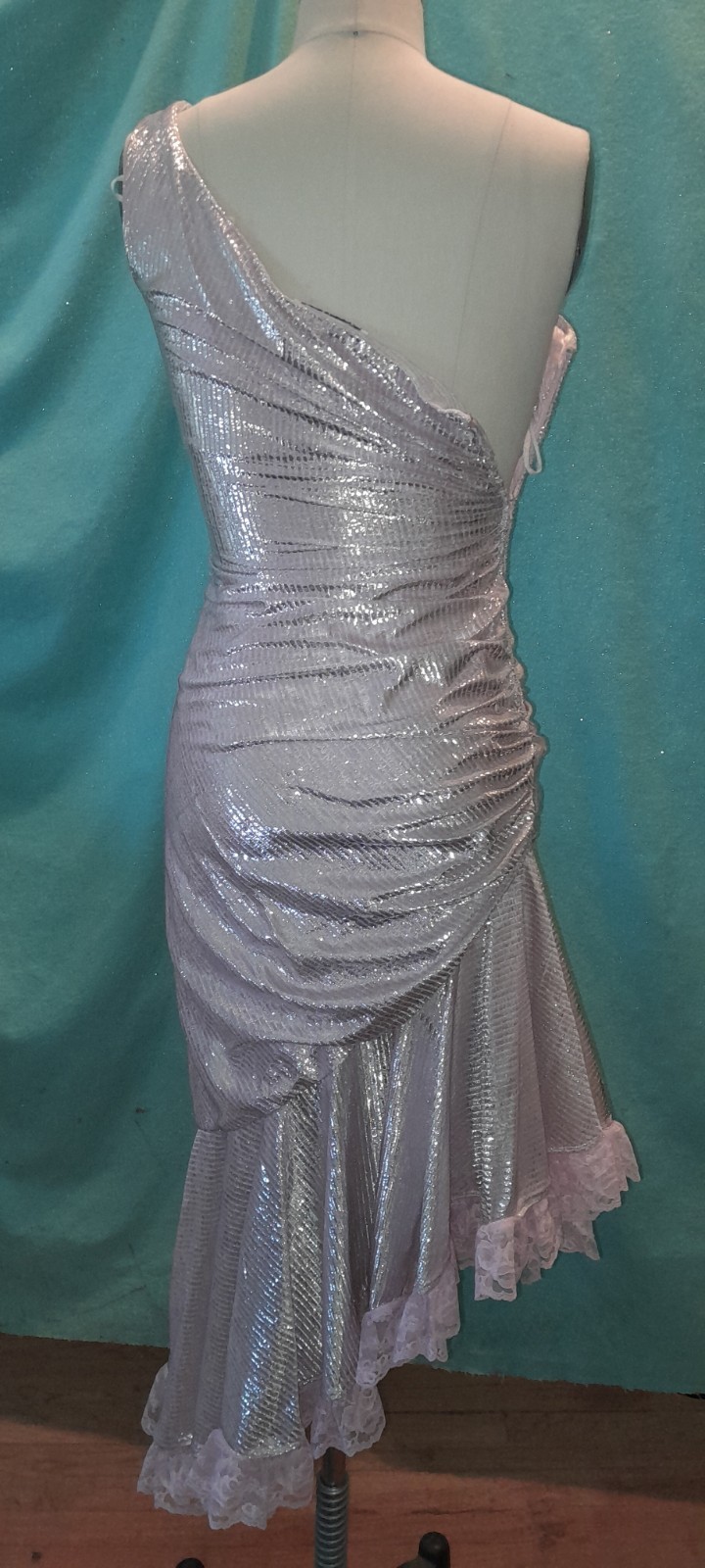 Vtg 1970s 80s Disco Silver pink One Shoulder NEW LEAF samir Party Club Dress XS